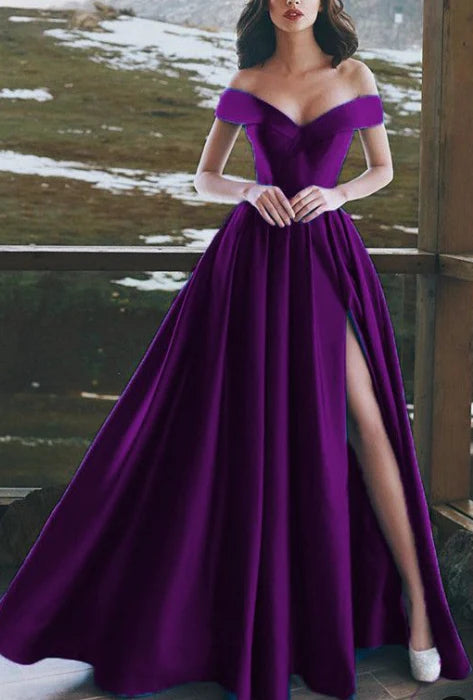 Purple satin dress with a one shoulder design, high waist and split hem, suitable for occasions such as dinners and dances