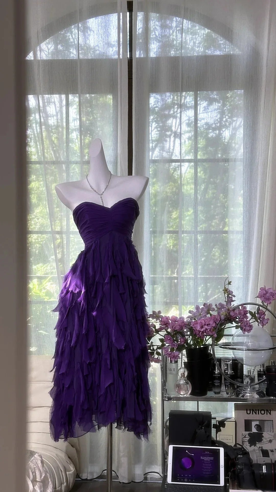 Purple strapless layered chiffon mid length dress for dance party