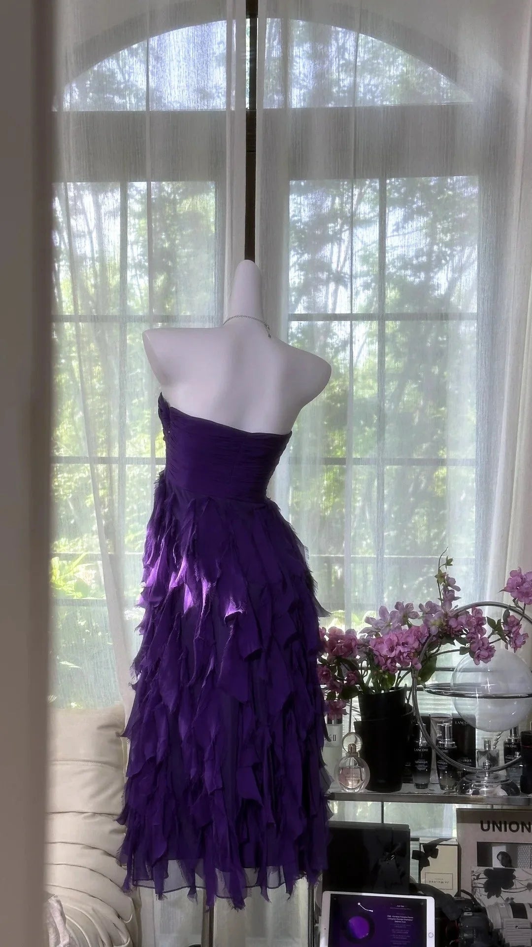 Purple strapless layered chiffon mid length dress for dance party