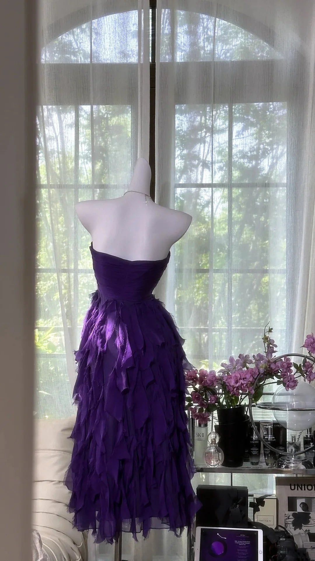 Purple strapless layered chiffon mid length dress for dance party