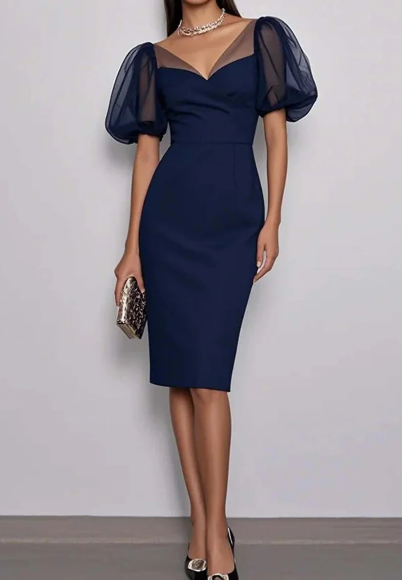 Purplish Blue V Neck Puff Sleeve Sheath Midi Dress simple gentle atmospheric and unique desi Bring summer colors to enhance whiteness