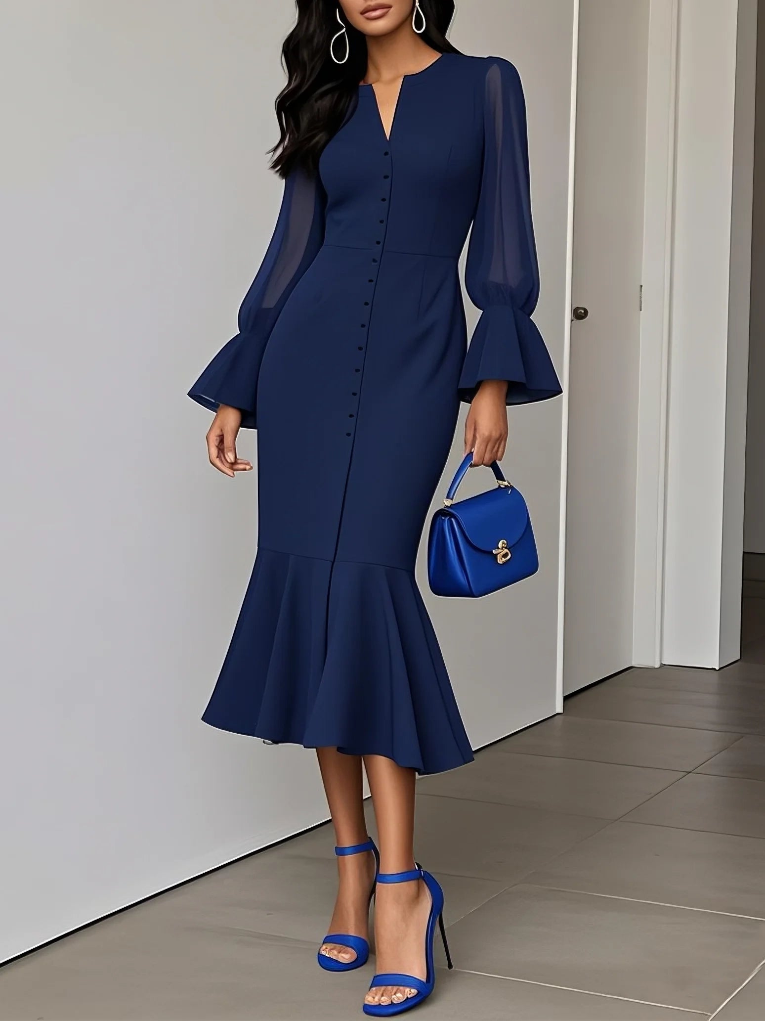 Purplish blue Buckle Classic V Neck Long Sleeve Bell Sleeve Mermaid Midi Dress simple gentle atmospheric and unique desi Bring summer colors to enhance whiteness