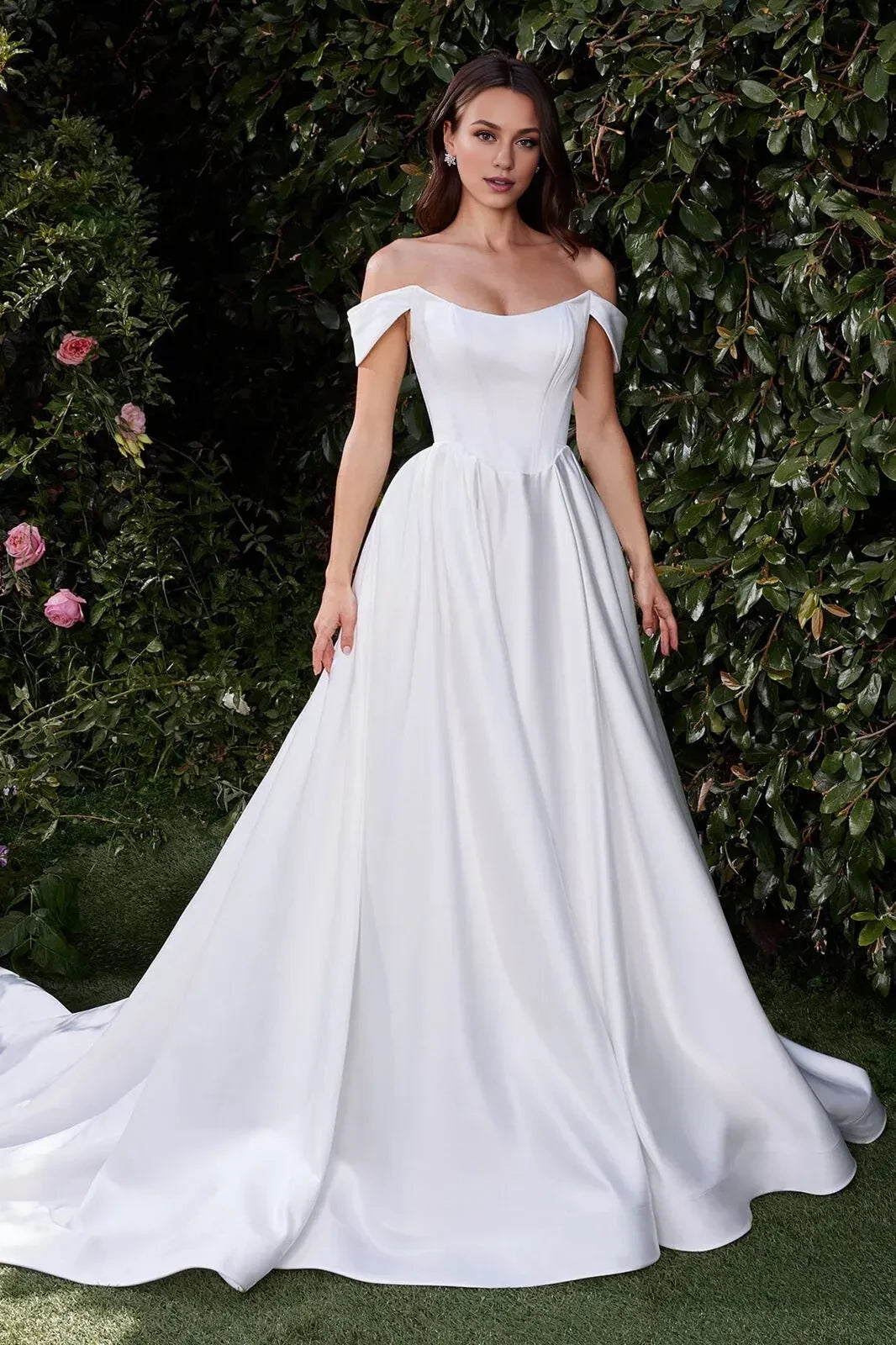 Radiant Ball Gown Off Shoulder Short Sleeve Open Back Floor Length Wedding Dress