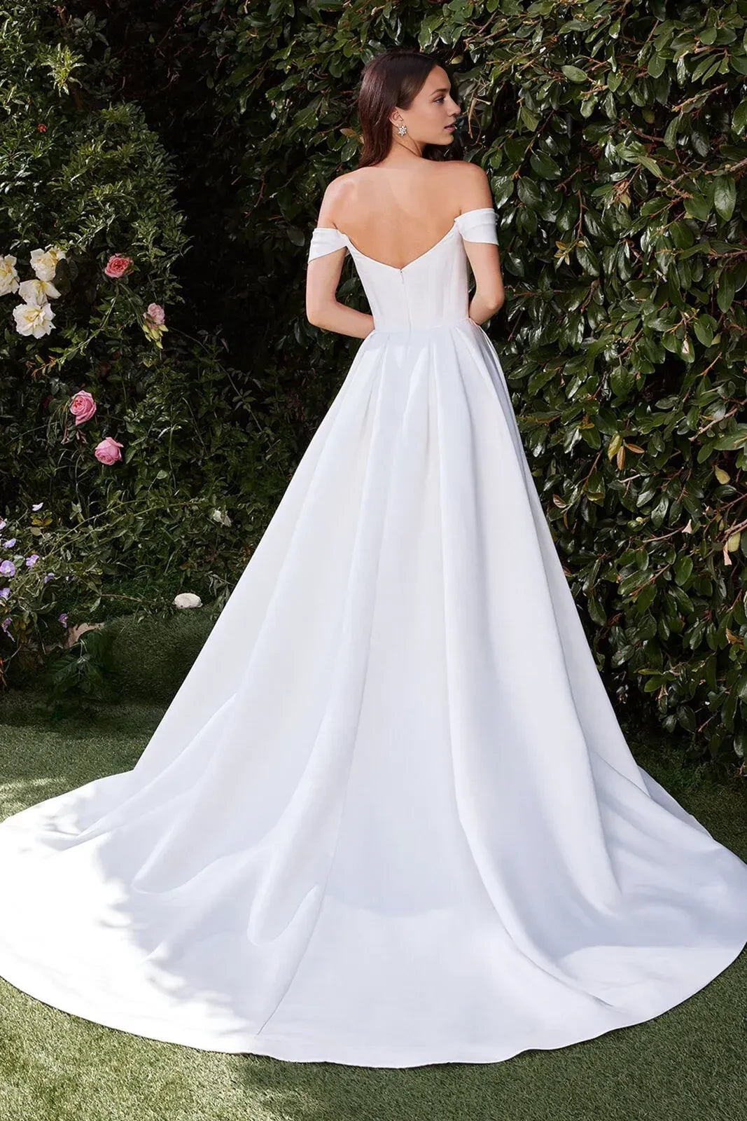 Radiant Ball Gown Off Shoulder Short Sleeve Open Back Floor Length Wedding Dress