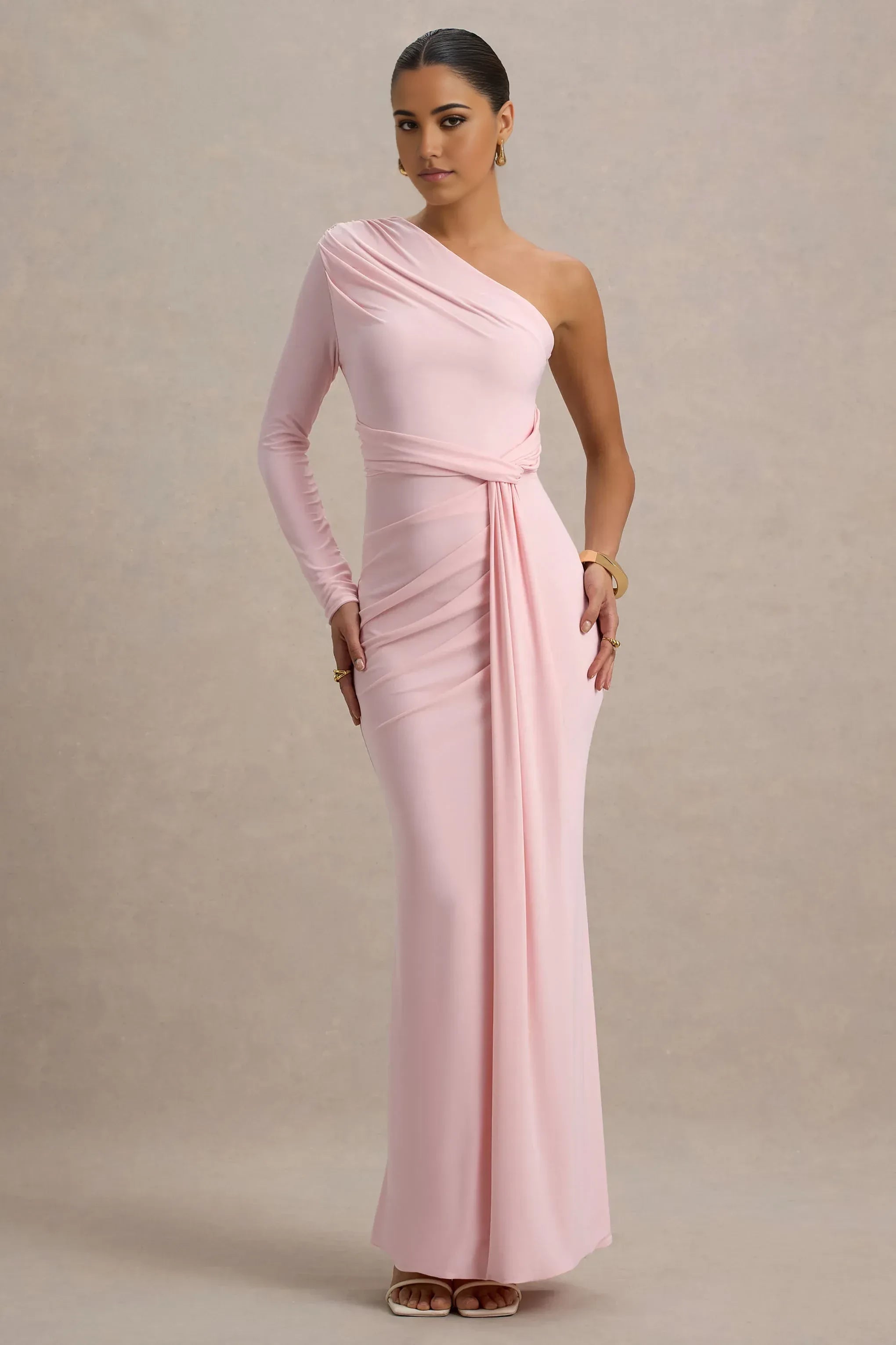 Radiant Mermaid One Shoulder Long Sleeve Draped Waist Floor Length Prom Dress
