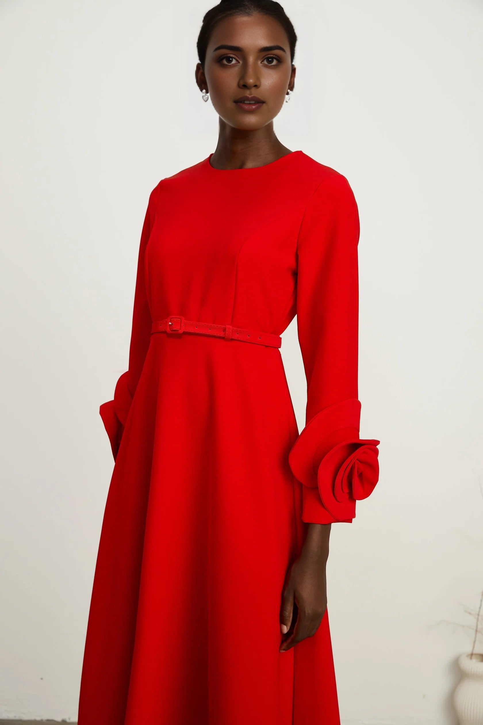 Red Belted Midi Dress with Floral Cuff Detail red long-sleeve dress with floral embellishments Evening Dress