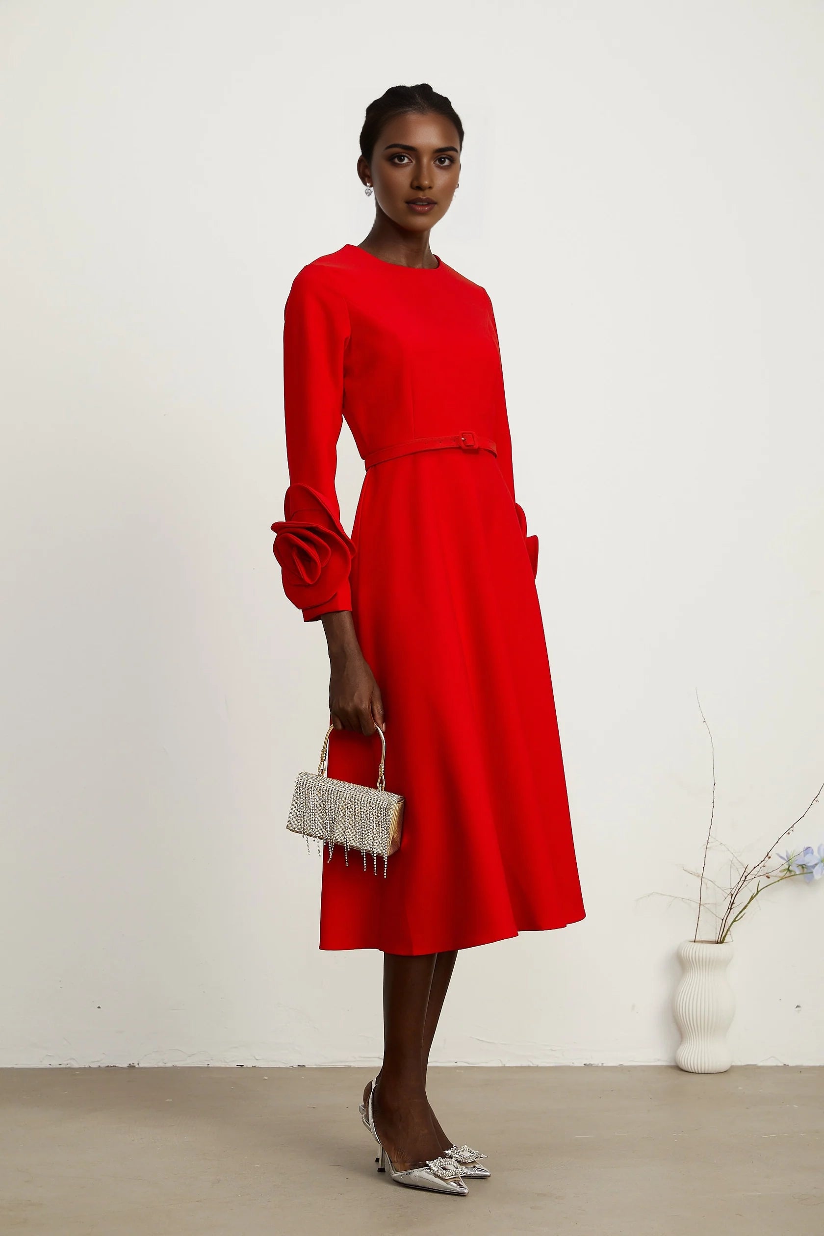 Red Belted Midi Dress with Floral Cuff Detail red long-sleeve dress with floral embellishments Evening Dress