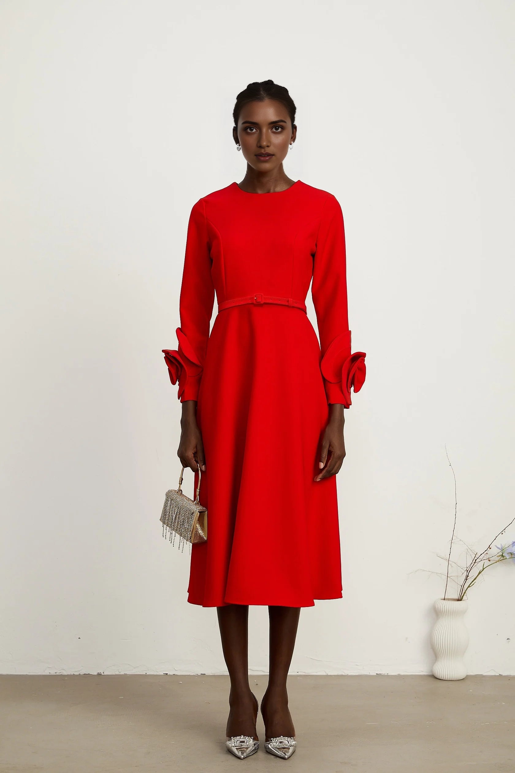 Red Belted Midi Dress with Floral Cuff Detail red long-sleeve dress with floral embellishments Evening Dress
