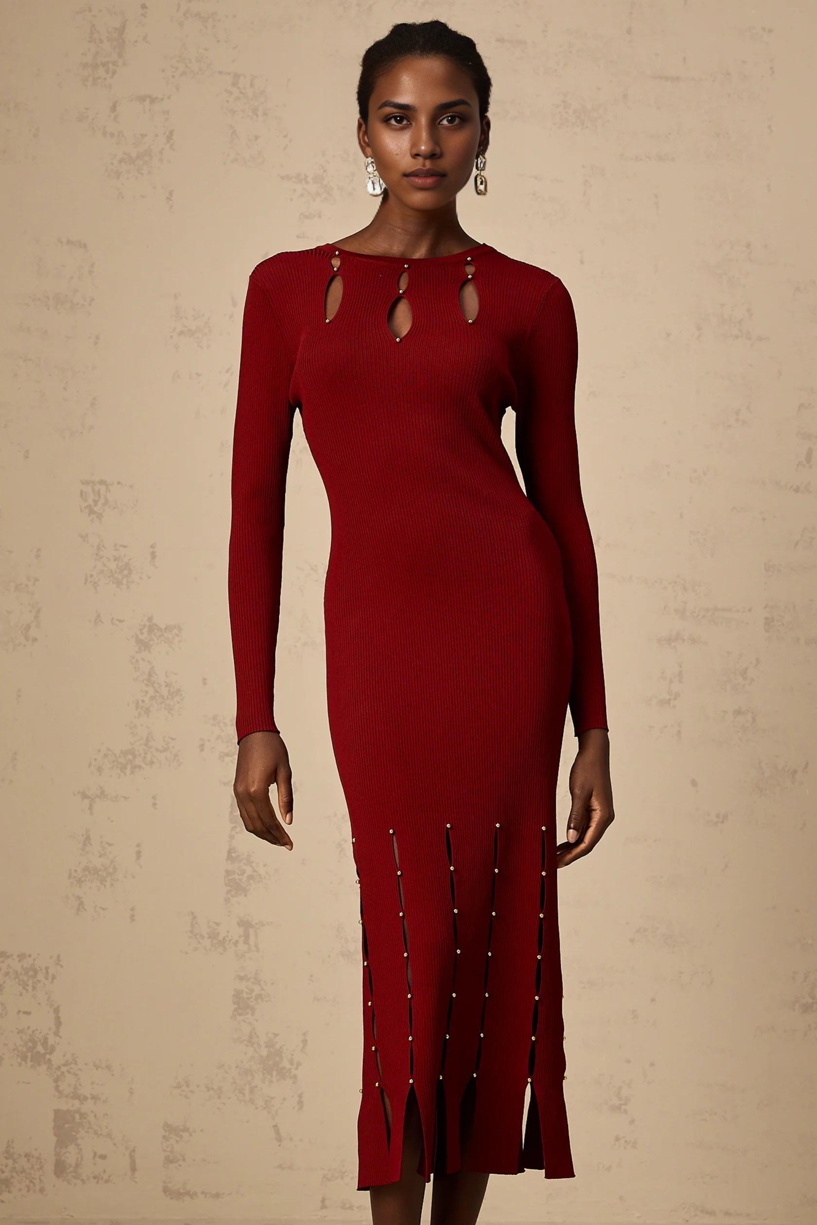 Red Cutout Beaded Long Sleeve Midi Dress red beaded long-sleeve cut-out knit midi dress Evening Dress