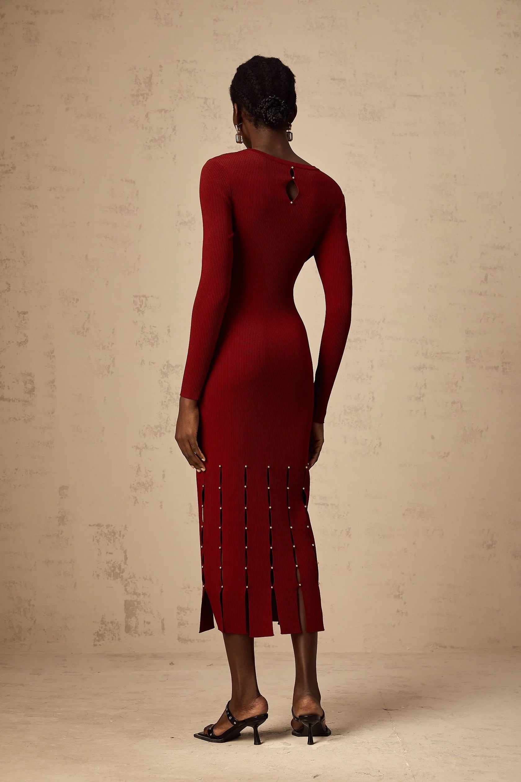 Red Cutout Beaded Long Sleeve Midi Dress red beaded long-sleeve cut-out knit midi dress Evening Dress