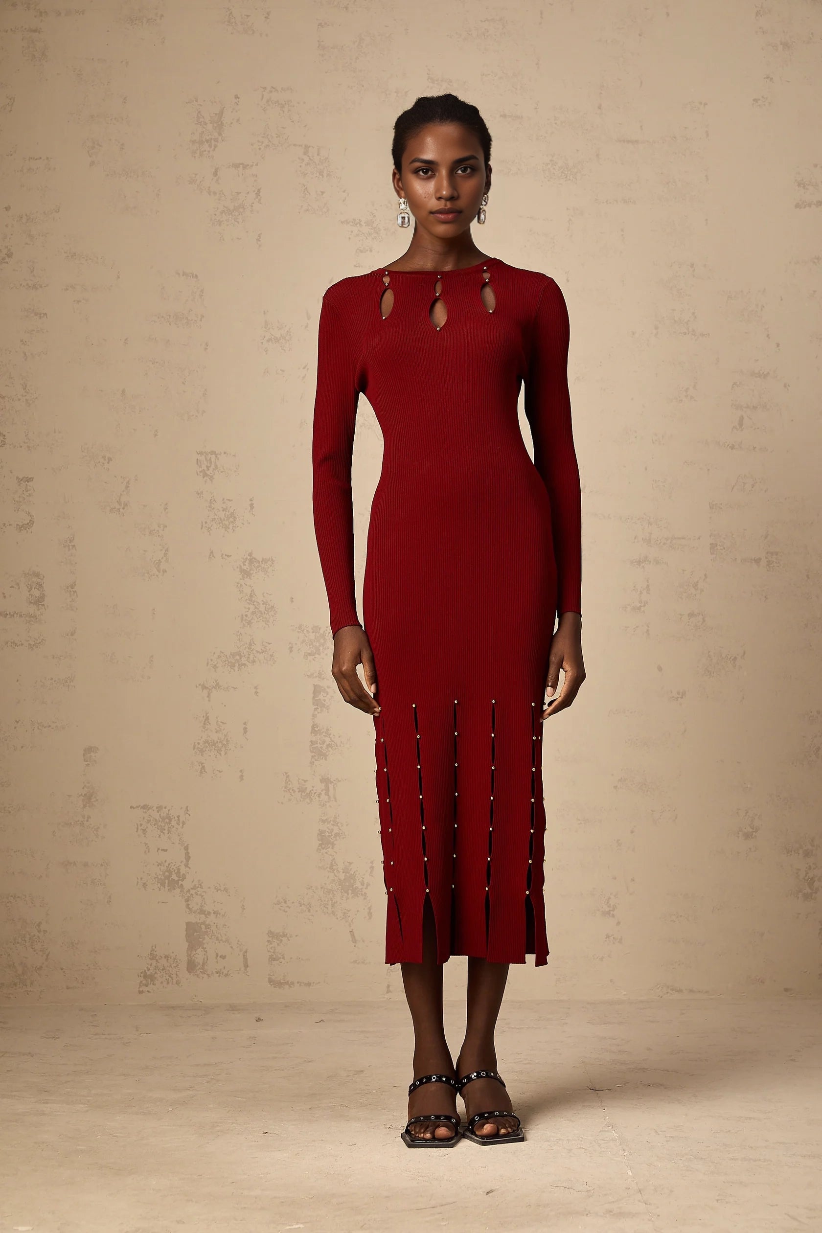 Red Cutout Beaded Long Sleeve Midi Dress red beaded long-sleeve cut-out knit midi dress Evening Dress