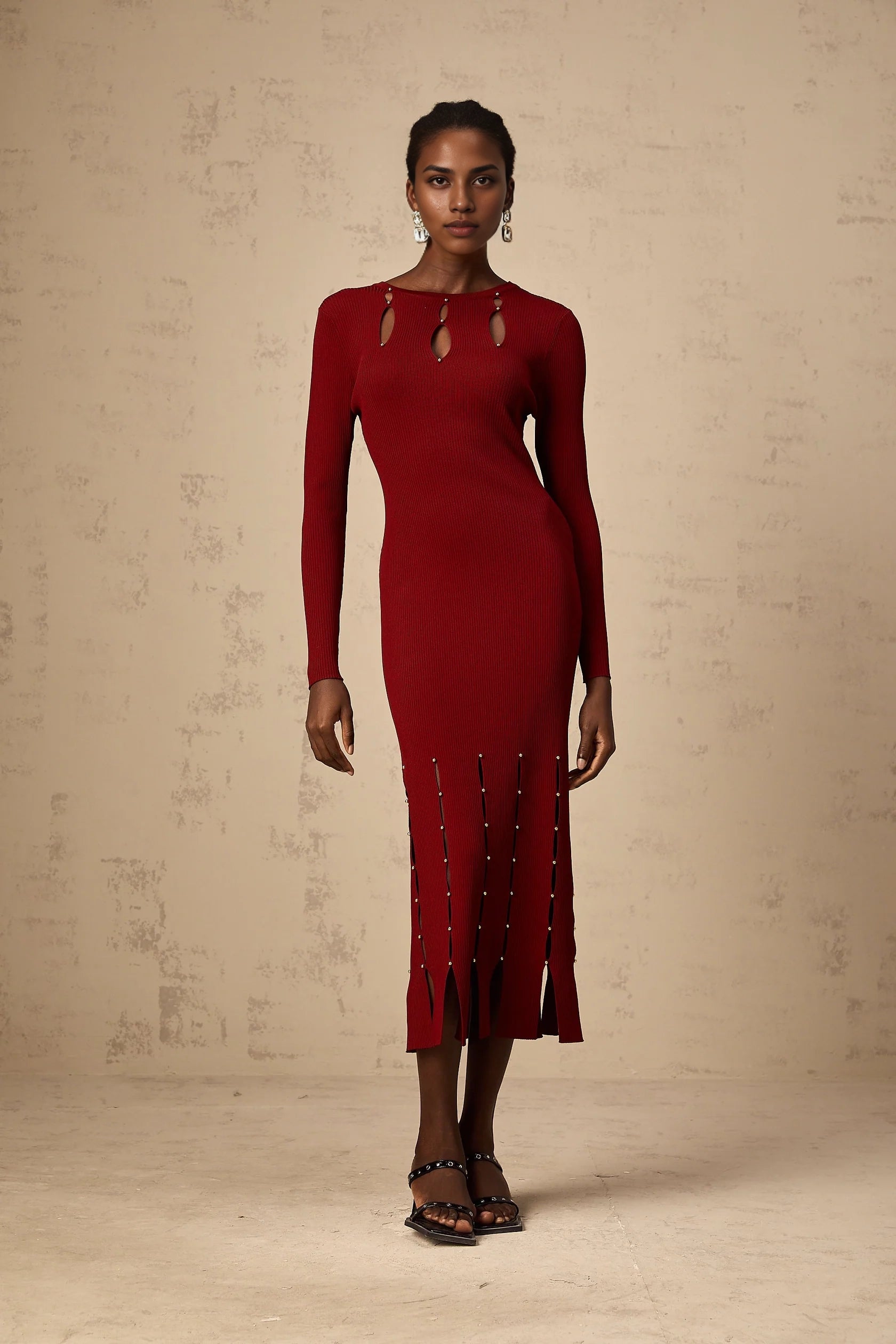 Red Cutout Beaded Long Sleeve Midi Dress red beaded long-sleeve cut-out knit midi dress Evening Dress