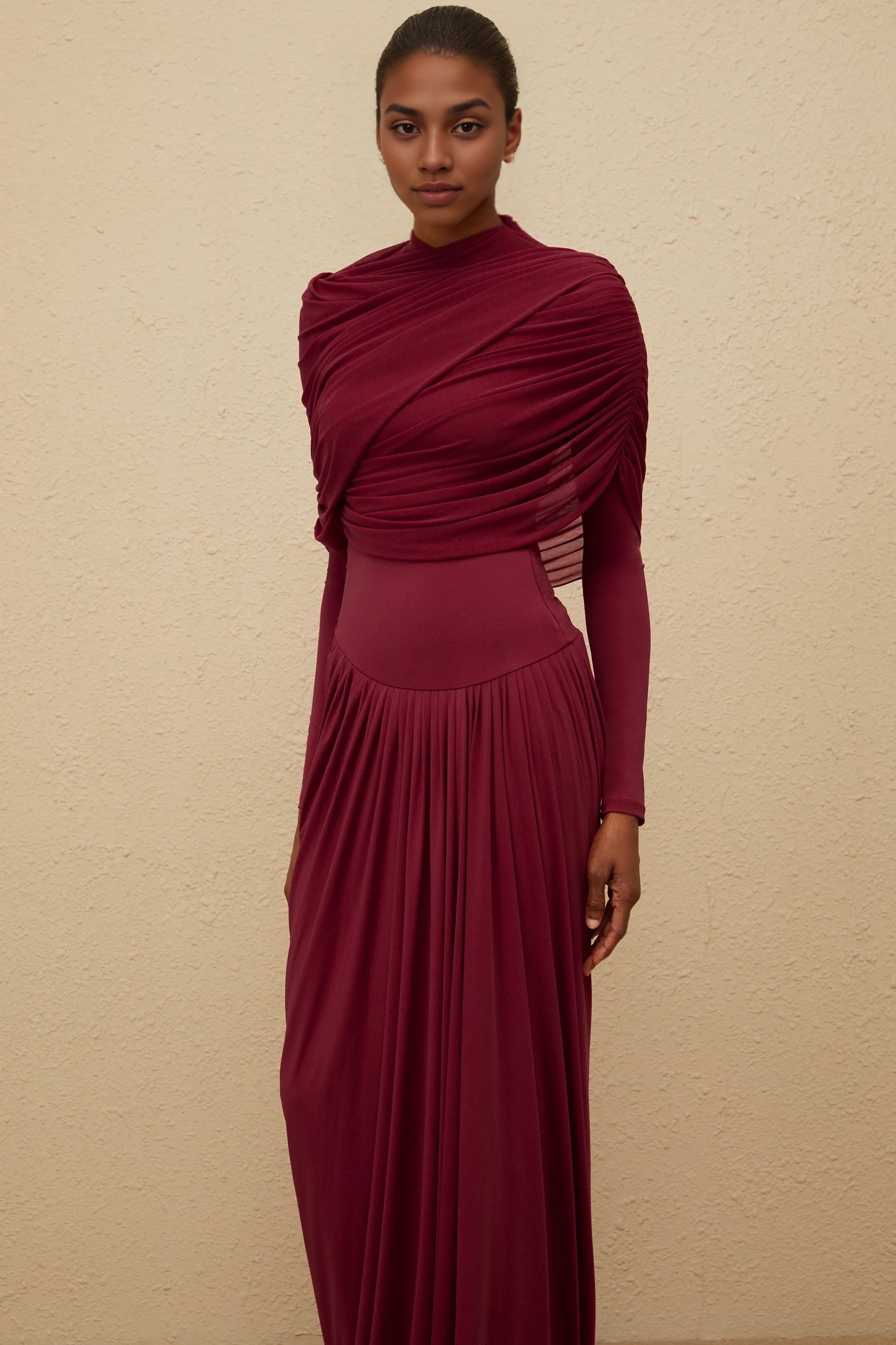 Red Cutout Beaded Long Sleeve Midi Dress red beaded long-sleeve cut-out knit midi dress Evening Dress