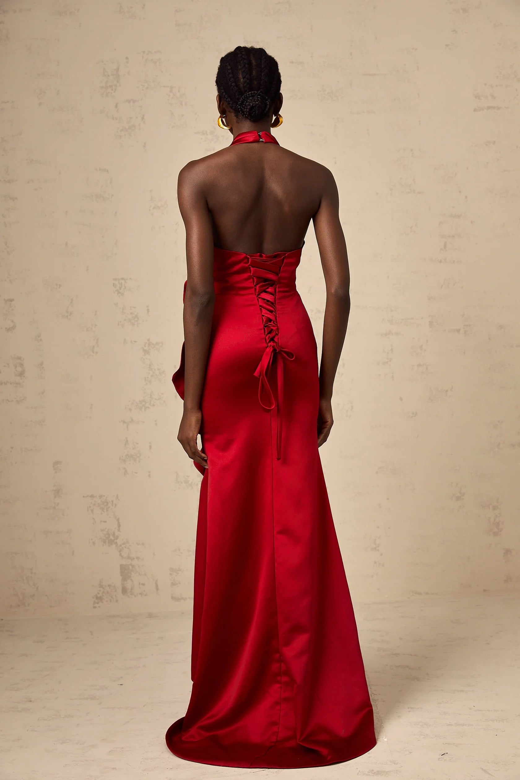 Red Halter Neck Ruffled Satin Maxi Dress red halterneck 3d-petal ruffled maxi dress Evening Dress