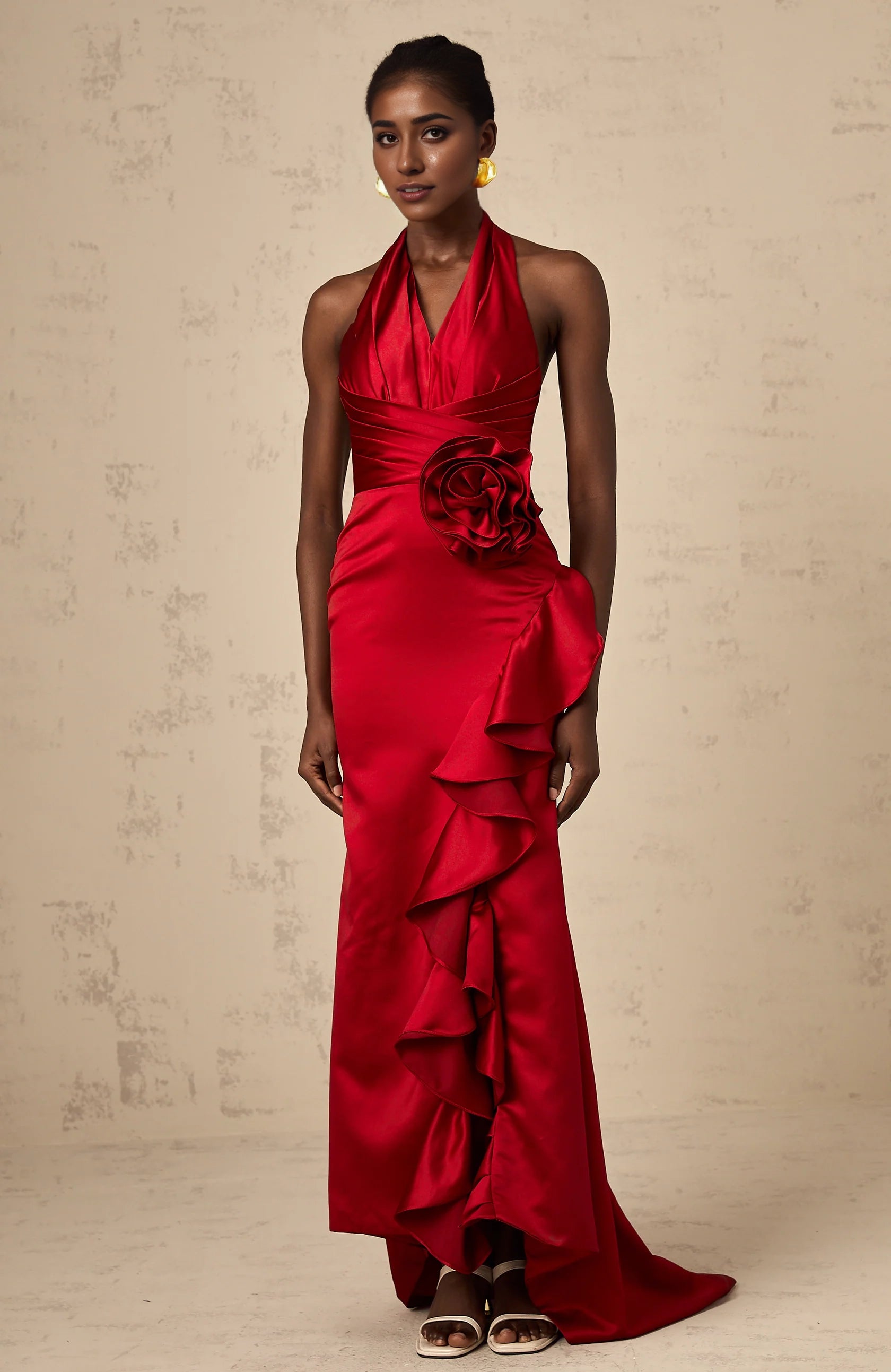 Red Halter Neck Ruffled Satin Maxi Dress red halterneck 3d-petal ruffled maxi dress Evening Dress