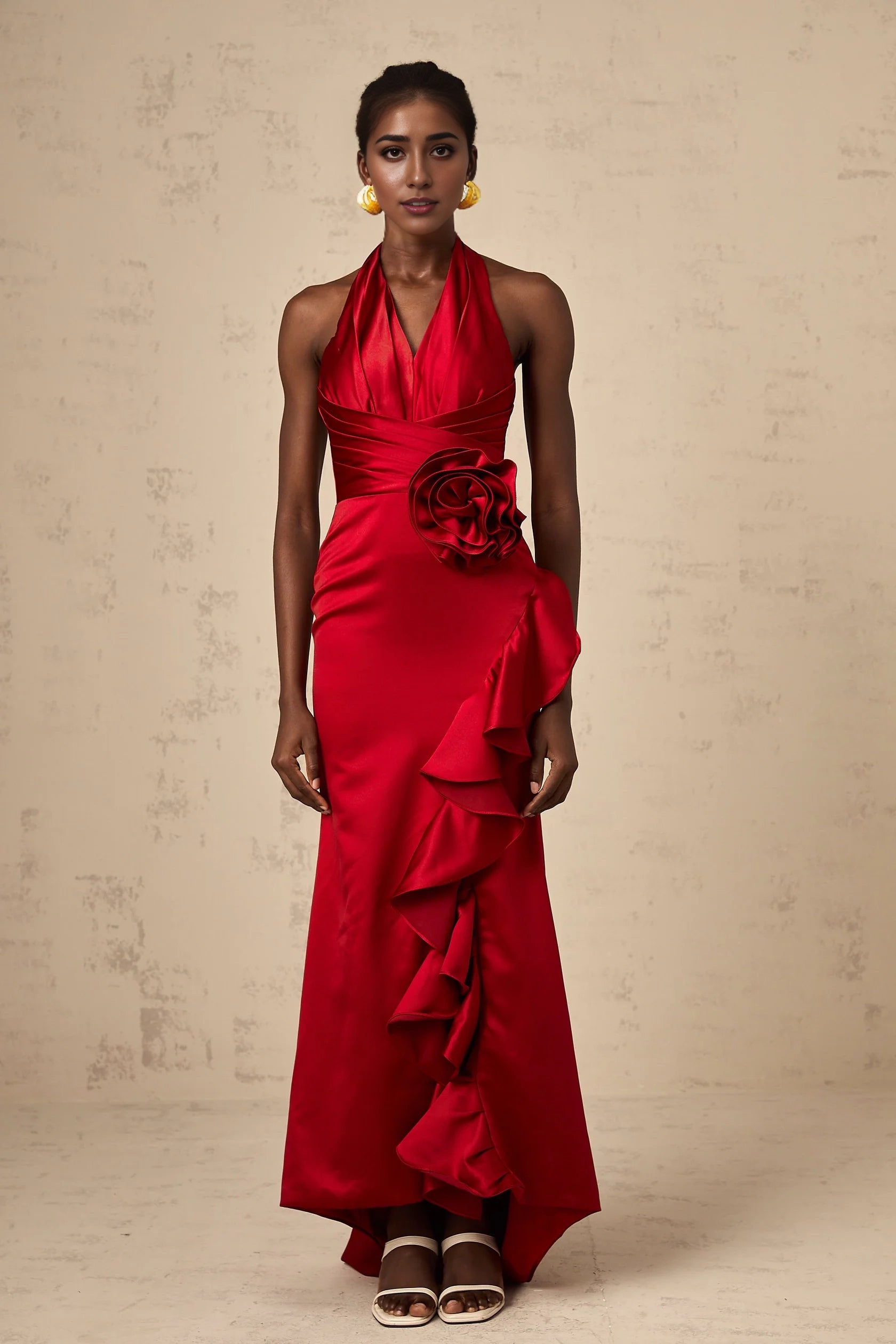 Red Halter Neck Ruffled Satin Maxi Dress red halterneck 3d-petal ruffled maxi dress Evening Dress