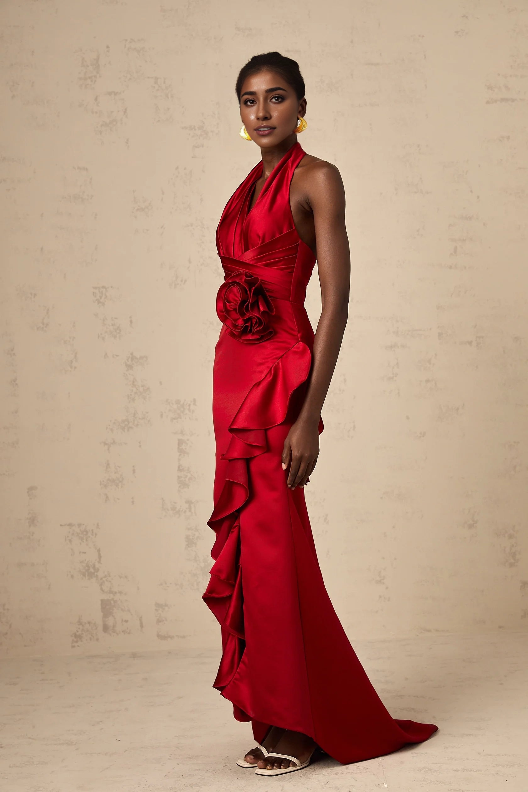 Red Halter Neck Ruffled Satin Maxi Dress red halterneck 3d-petal ruffled maxi dress Evening Dress