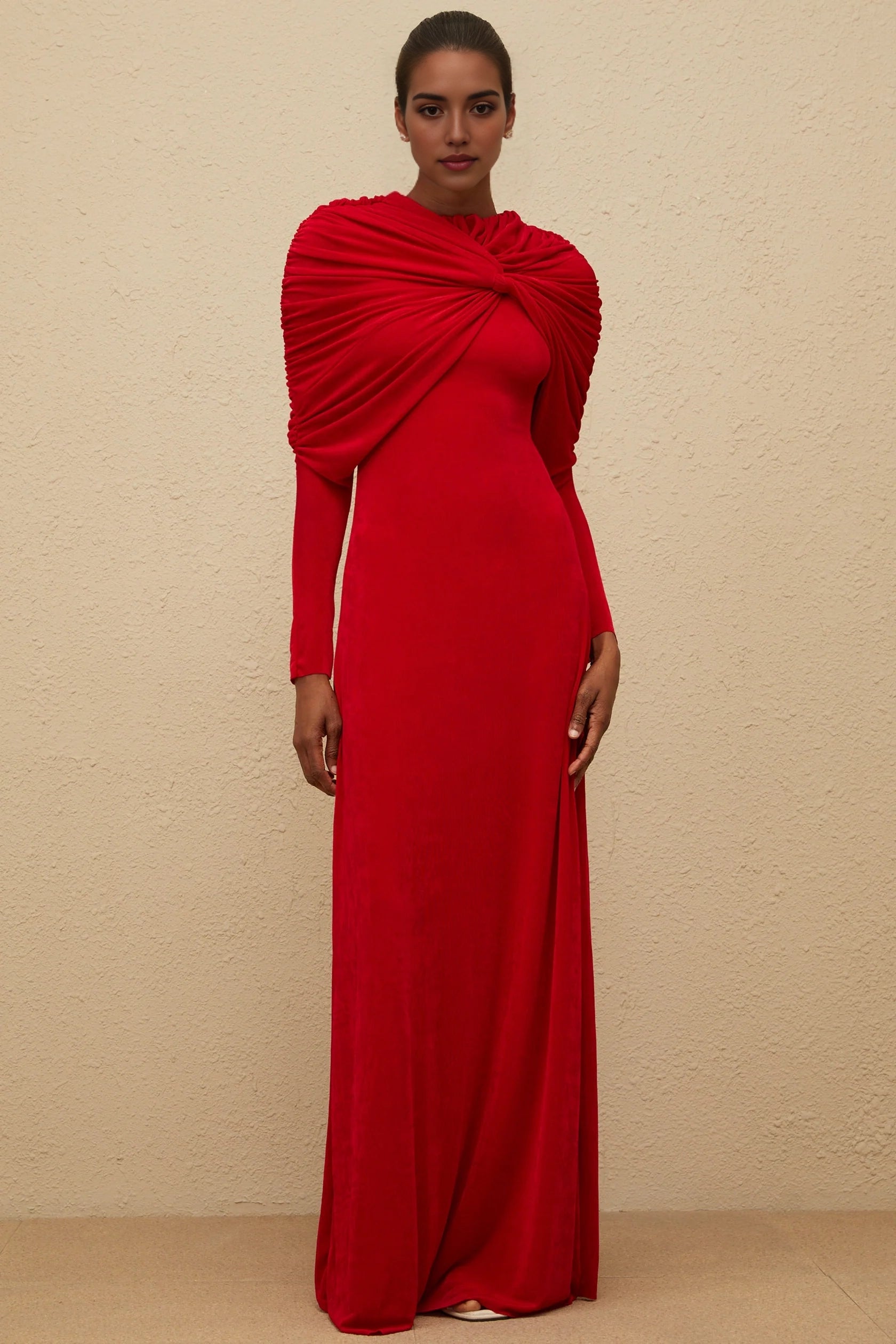 Red Long Sleeve Maxi Dress with Draped Shoulder Detail Moderne Red Cape-Design Ruched Maxi Dress Evening Dress