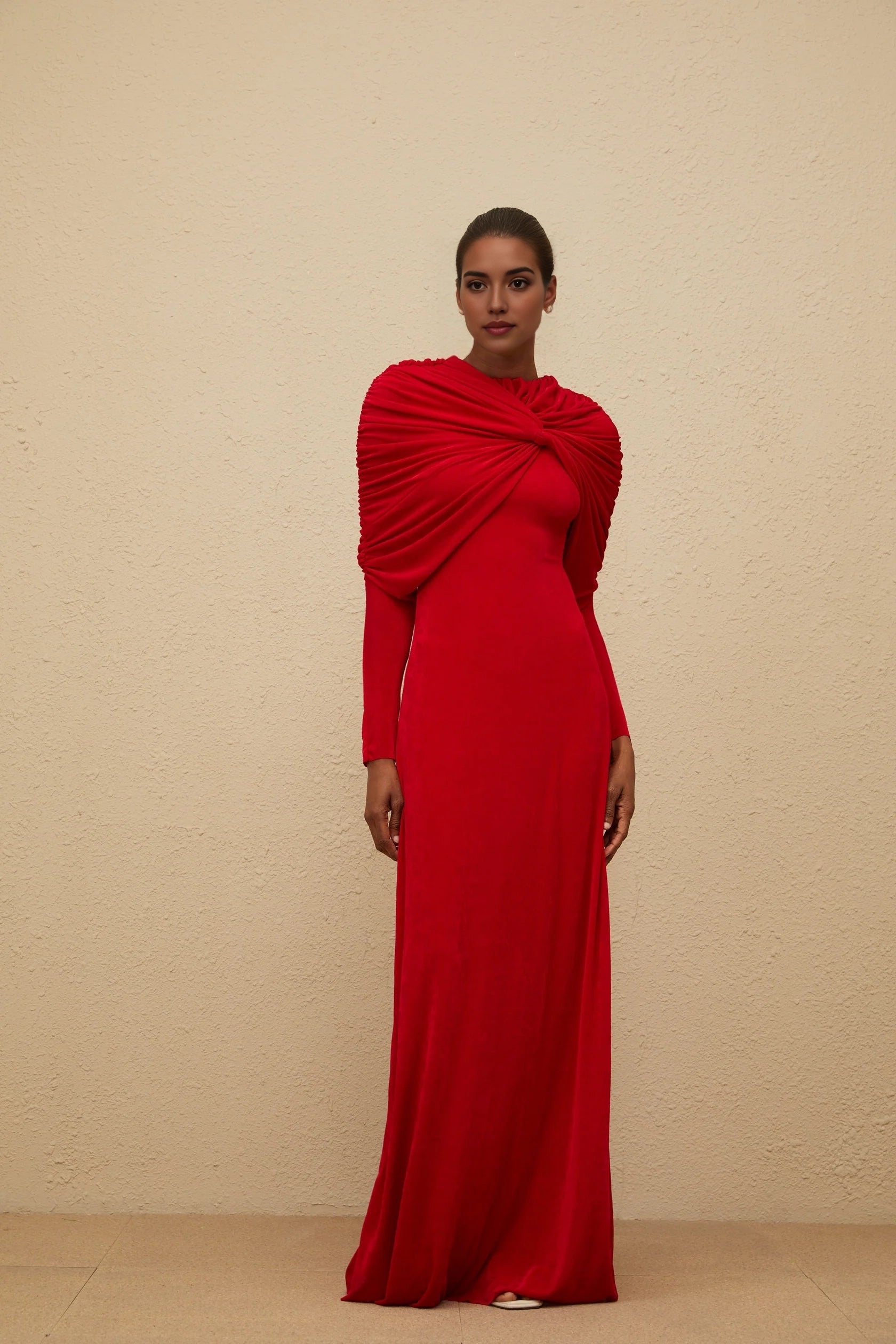 Red Long Sleeve Maxi Dress with Draped Shoulder Detail Moderne Red Cape-Design Ruched Maxi Dress Evening Dress