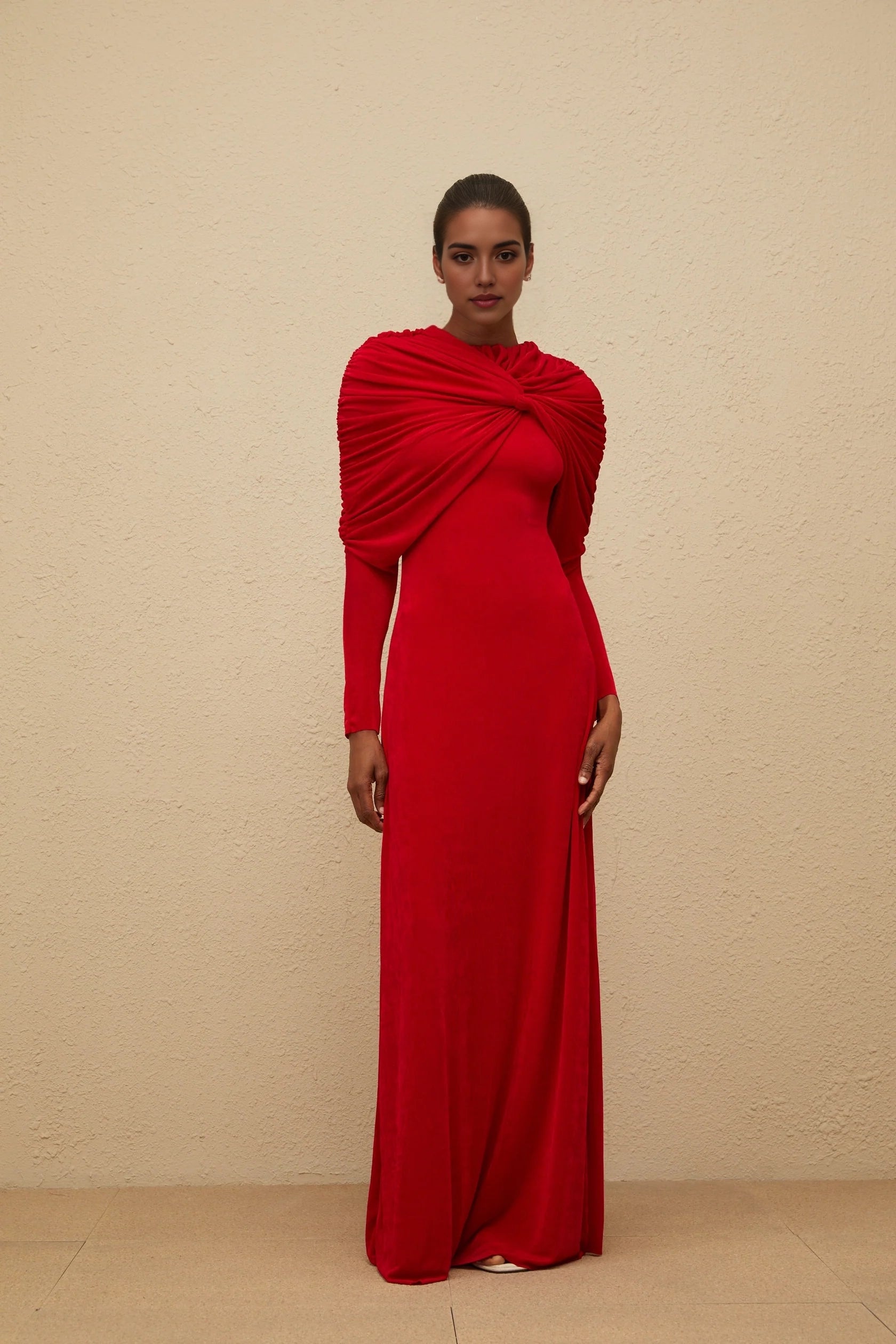 Red Long Sleeve Maxi Dress with Draped Shoulder Detail Moderne Red Cape-Design Ruched Maxi Dress Evening Dress