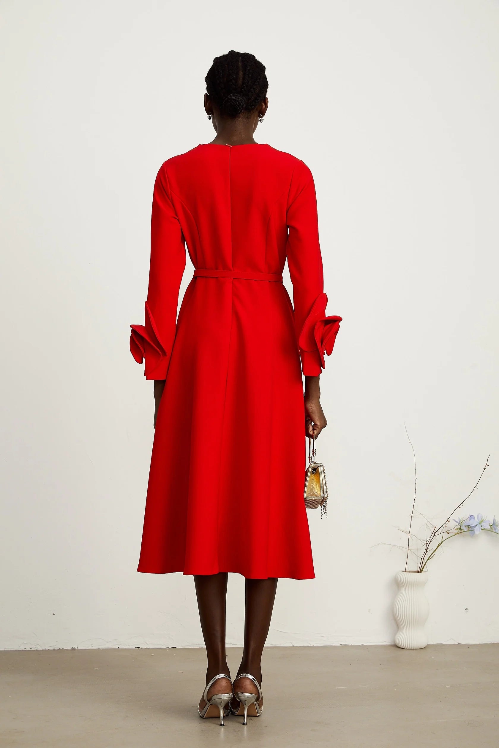 Red Long Sleeve Midi Dress with Floral Cuff Detail red long-sleeve floral dress Evening Dress