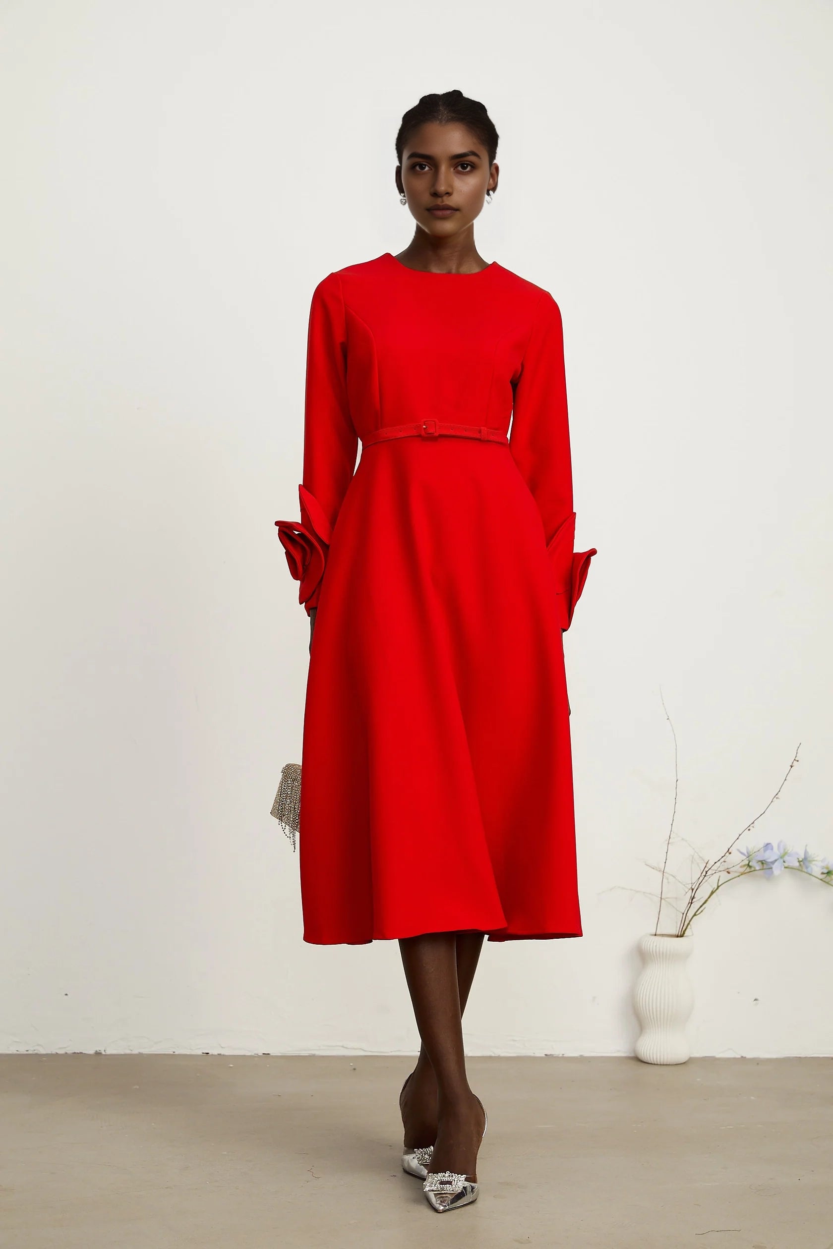 Red Long Sleeve Midi Dress with Floral Cuff Detail red long-sleeve floral dress Evening Dress