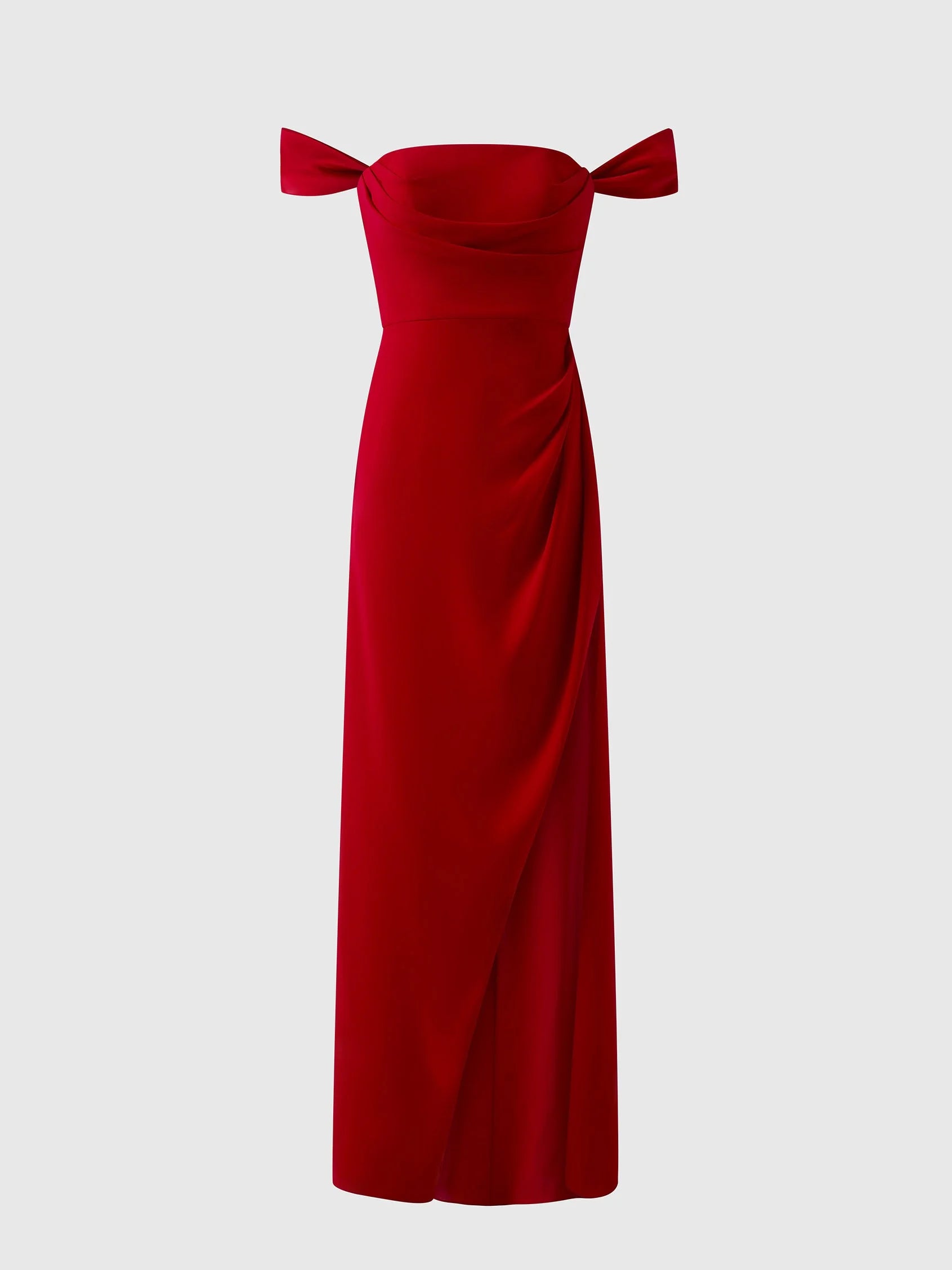 Red Off-Shoulder Bow Detail Maxi Dress Straight bridesmaid dress with sweetheart neckline in crepe Bridesmaid Dresses