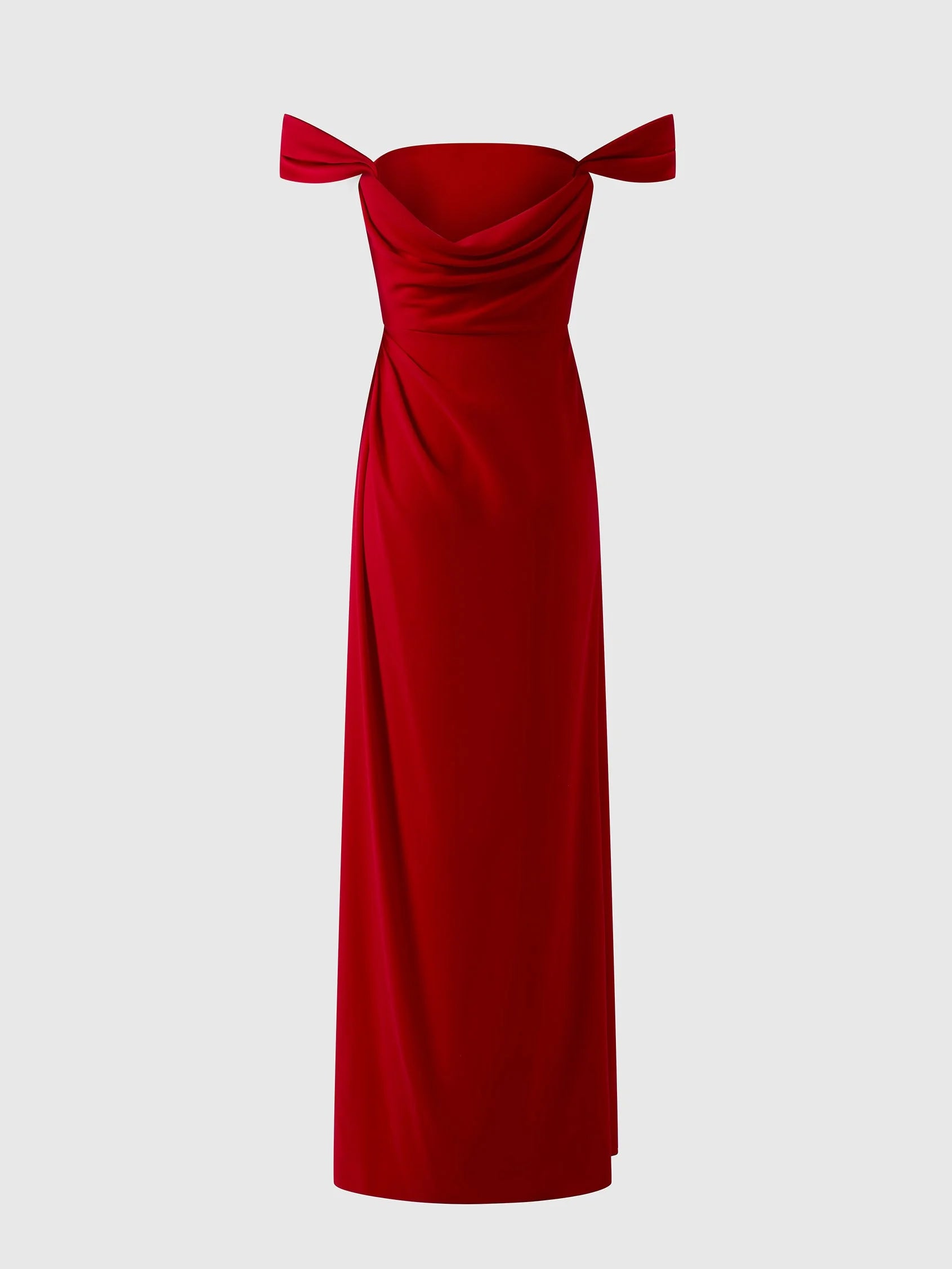 Red Off-Shoulder Bow Detail Maxi Dress Straight bridesmaid dress with sweetheart neckline in crepe Bridesmaid Dresses