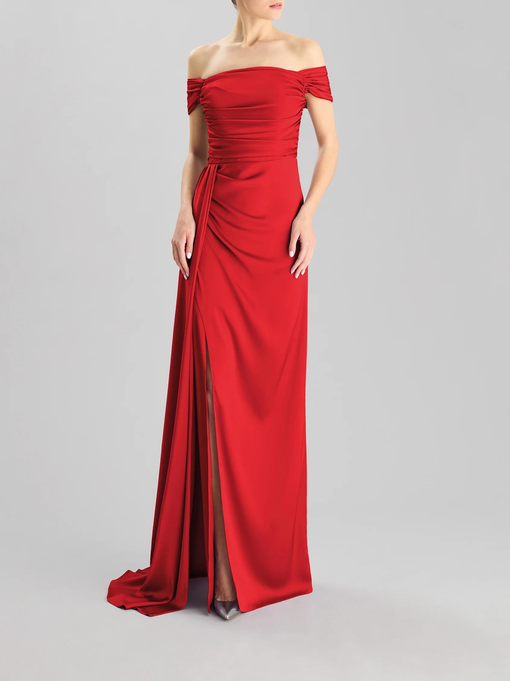 Red Off-Shoulder Maxi Dress with Side Slit Party dress with a wrap-around back Bridesmaid Dresses