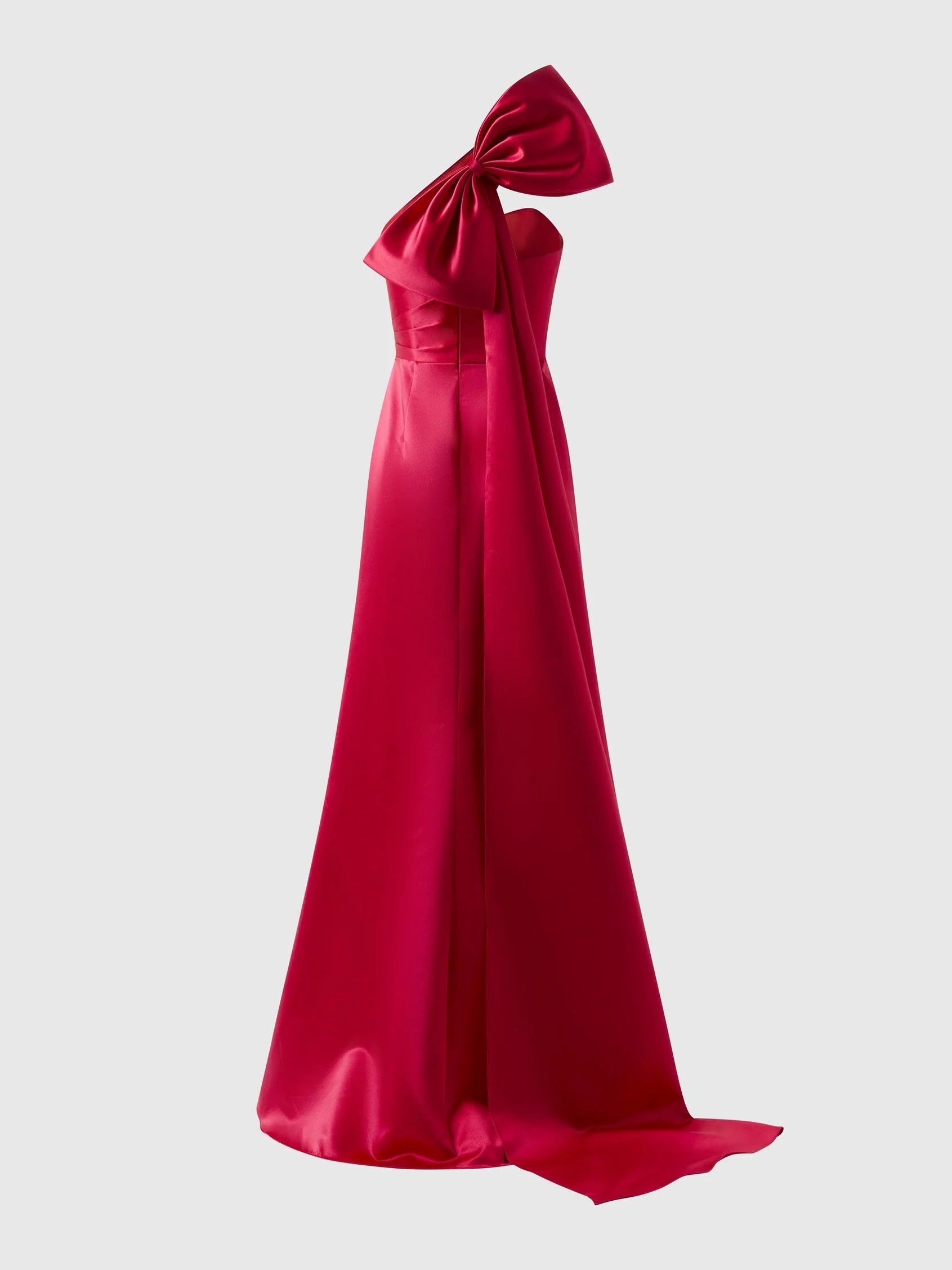 Red One-Shoulder Bow Satin Maxi Dress Flowy A-line cocktail dress with asymmetrical neckline and bow at the back in duchesse Bridesmaid Dresses