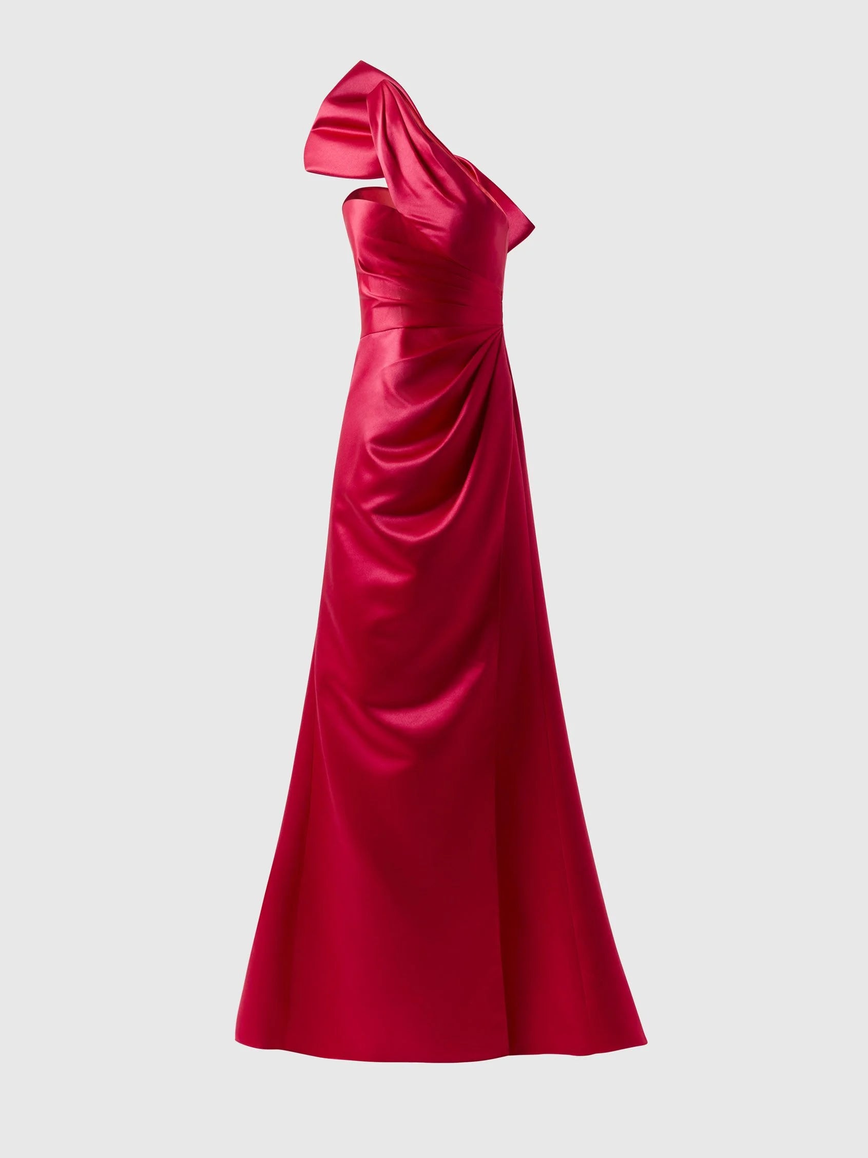 Red One-Shoulder Bow Satin Maxi Dress Flowy A-line cocktail dress with asymmetrical neckline and bow at the back in duchesse Bridesmaid Dresses