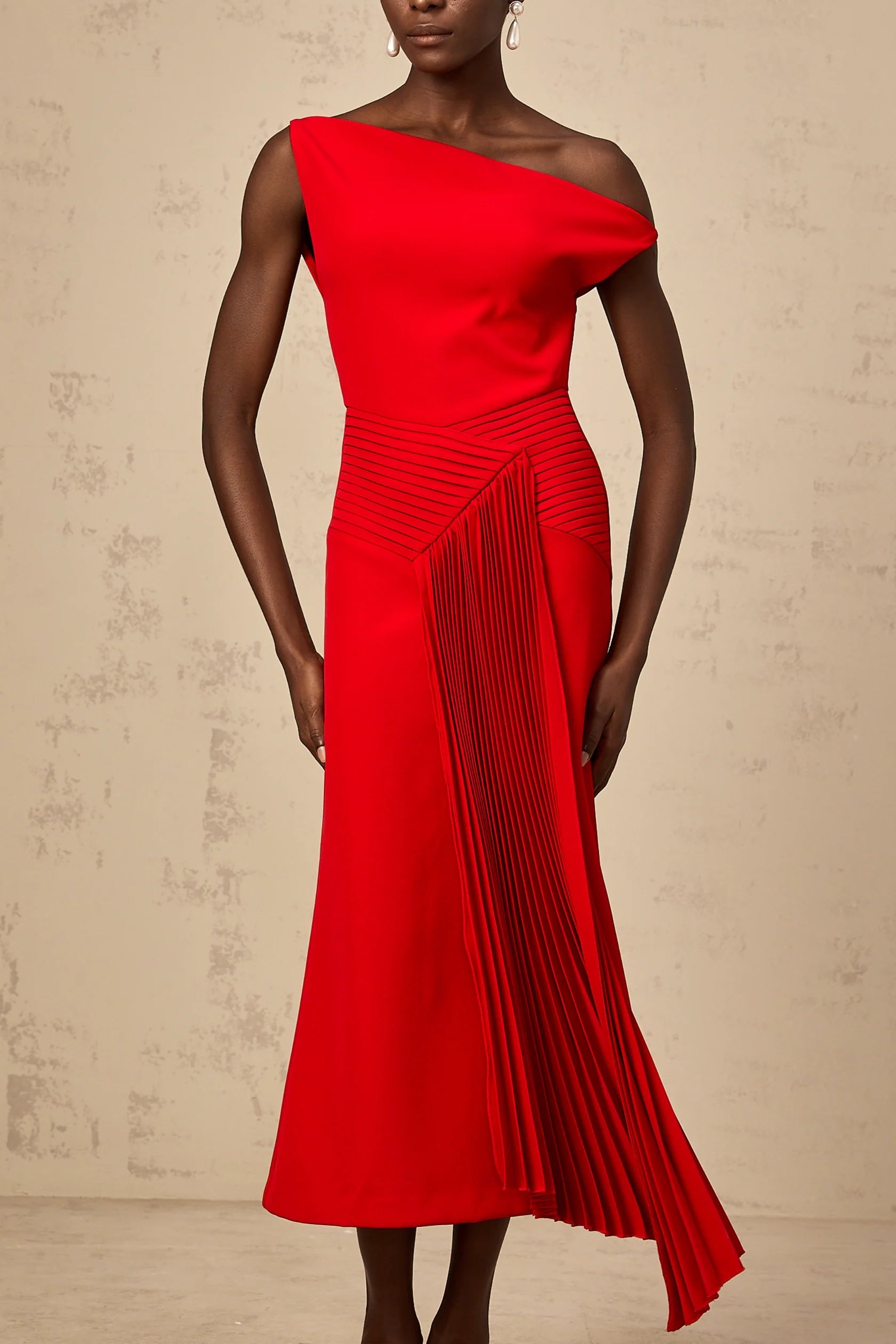 Red One - Shoulder Pleated Midi Dress asymmetrical draped midi dress in Red Evening Dress
