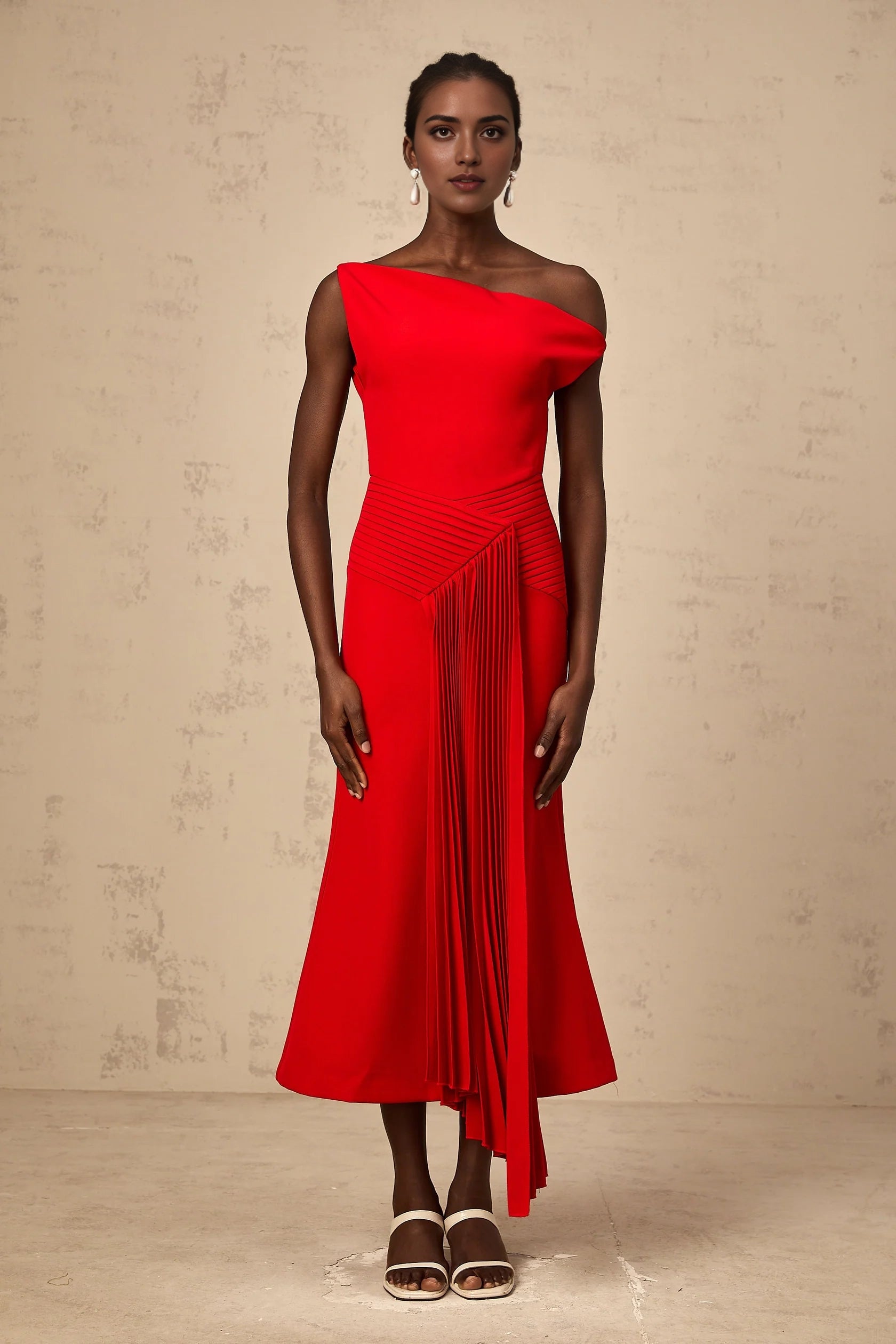 Red One - Shoulder Pleated Midi Dress asymmetrical draped midi dress in Red Evening Dress