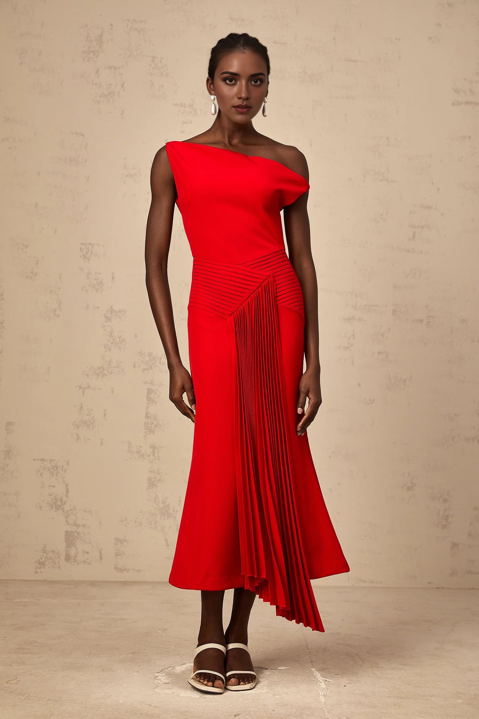 Red One - Shoulder Pleated Midi Dress asymmetrical draped midi dress in Red Evening Dress