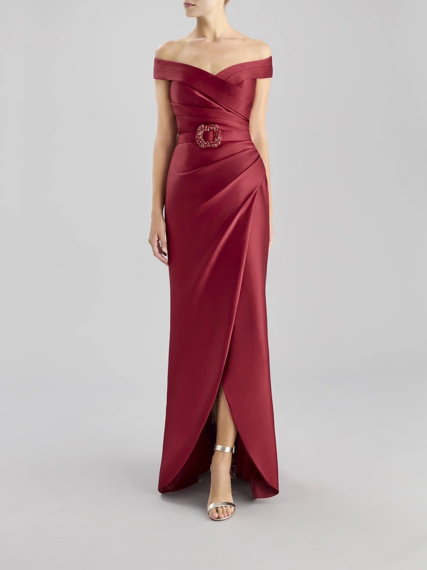 Red One-Shoulder Puff Sleeve Maxi Dress with Side Slit  Mermaid party dress Bridesmaid Dresses