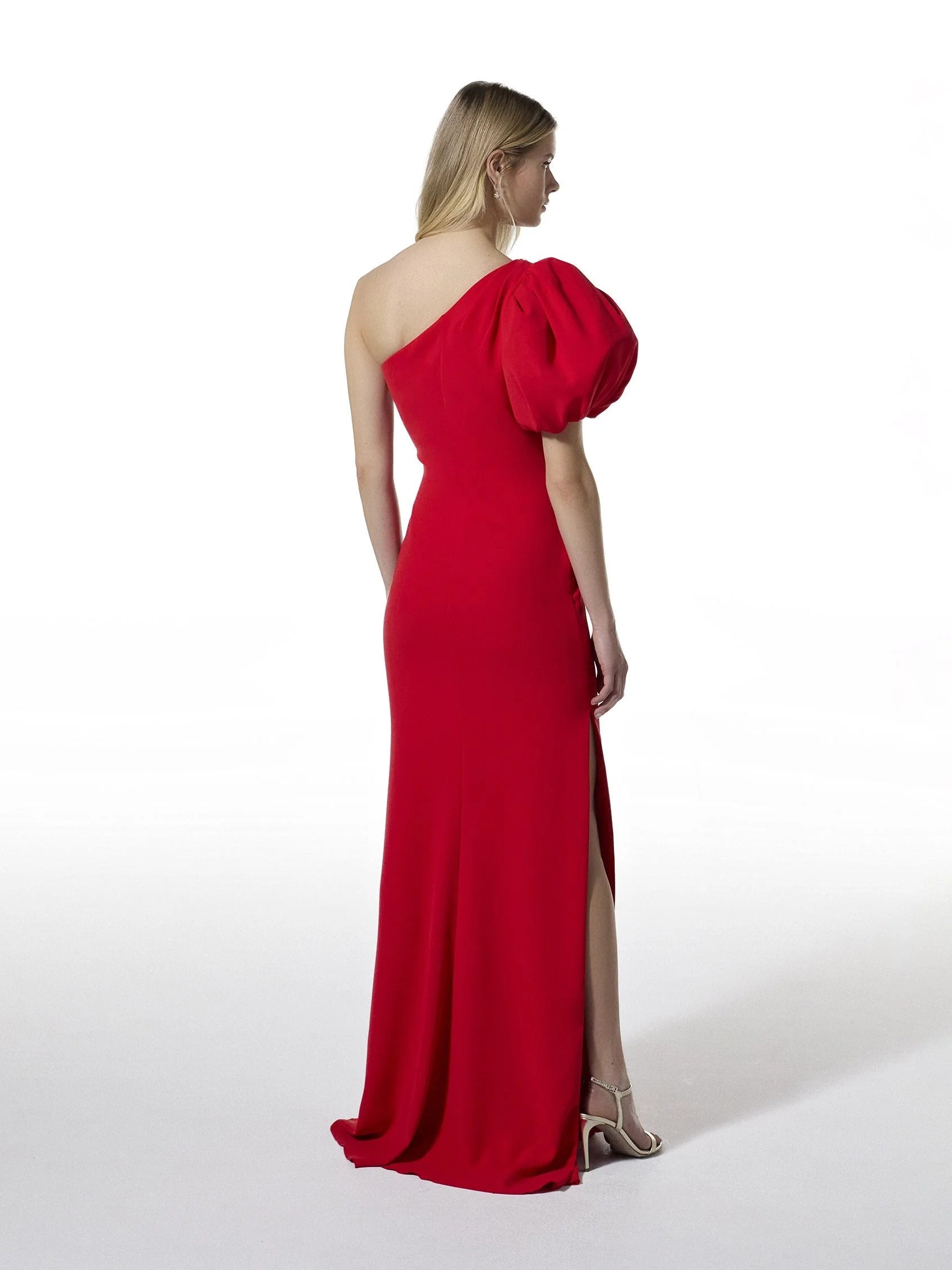 Red Puff Sleeve Maxi Dress with Side Slit Mermaid party dress in crepe with short sleeves Bridesmaid Dresses