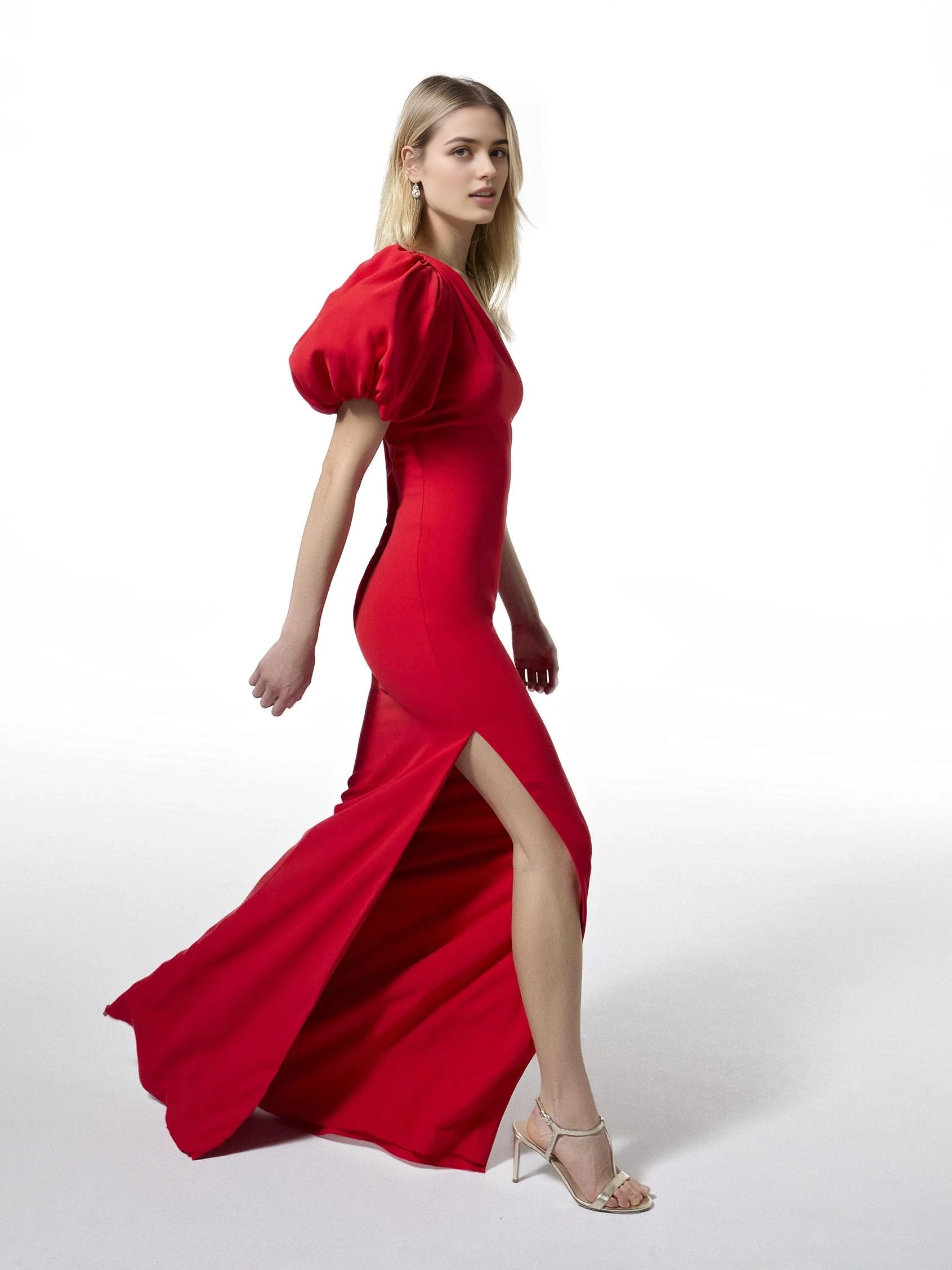 Red Puff Sleeve Maxi Dress with Side Slit Mermaid party dress in crepe with short sleeves Bridesmaid Dresses