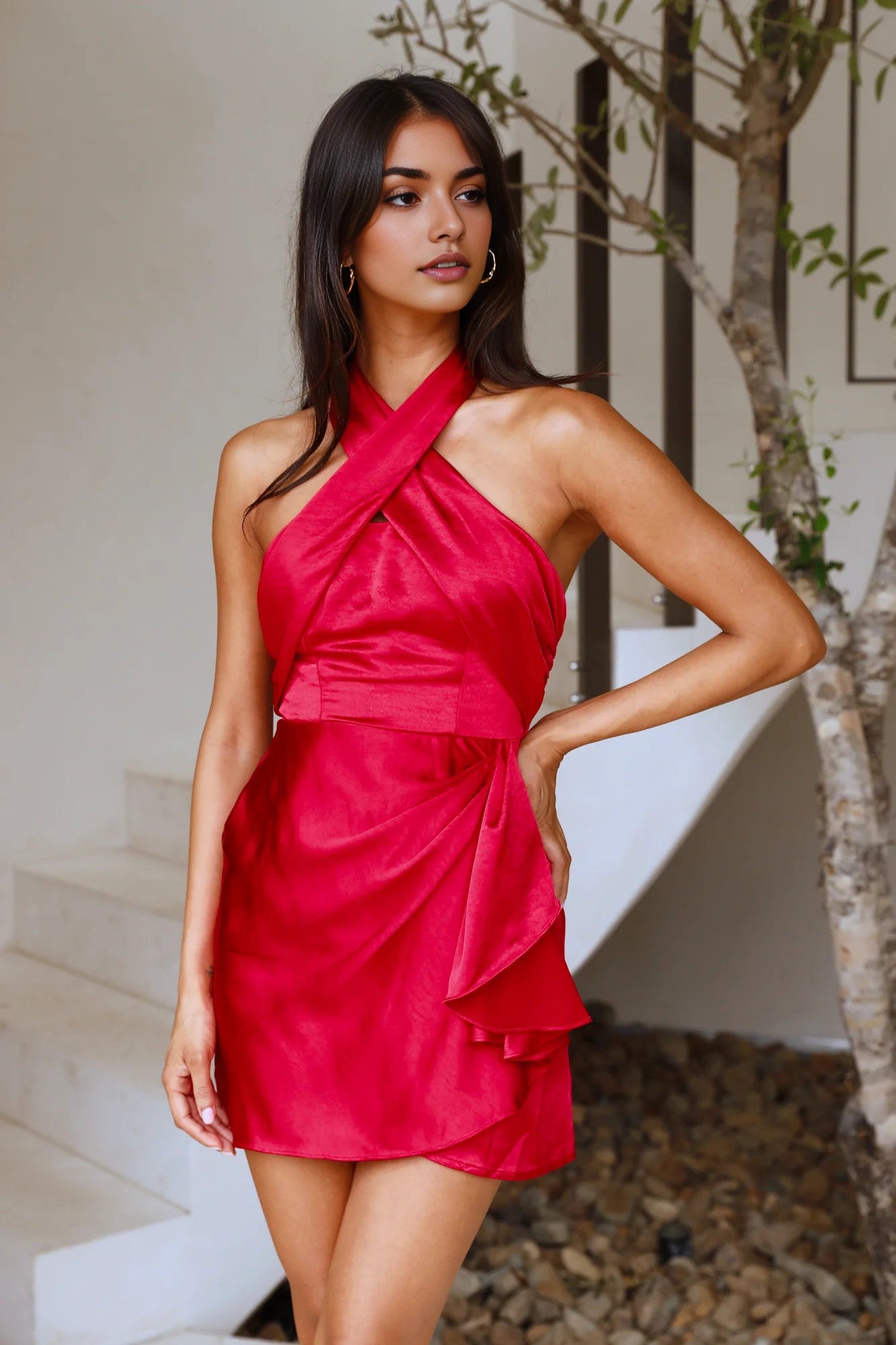 Red Satin Halter Mini Dress with Ruffle Detail Front Ruffle Short Prom Dress
