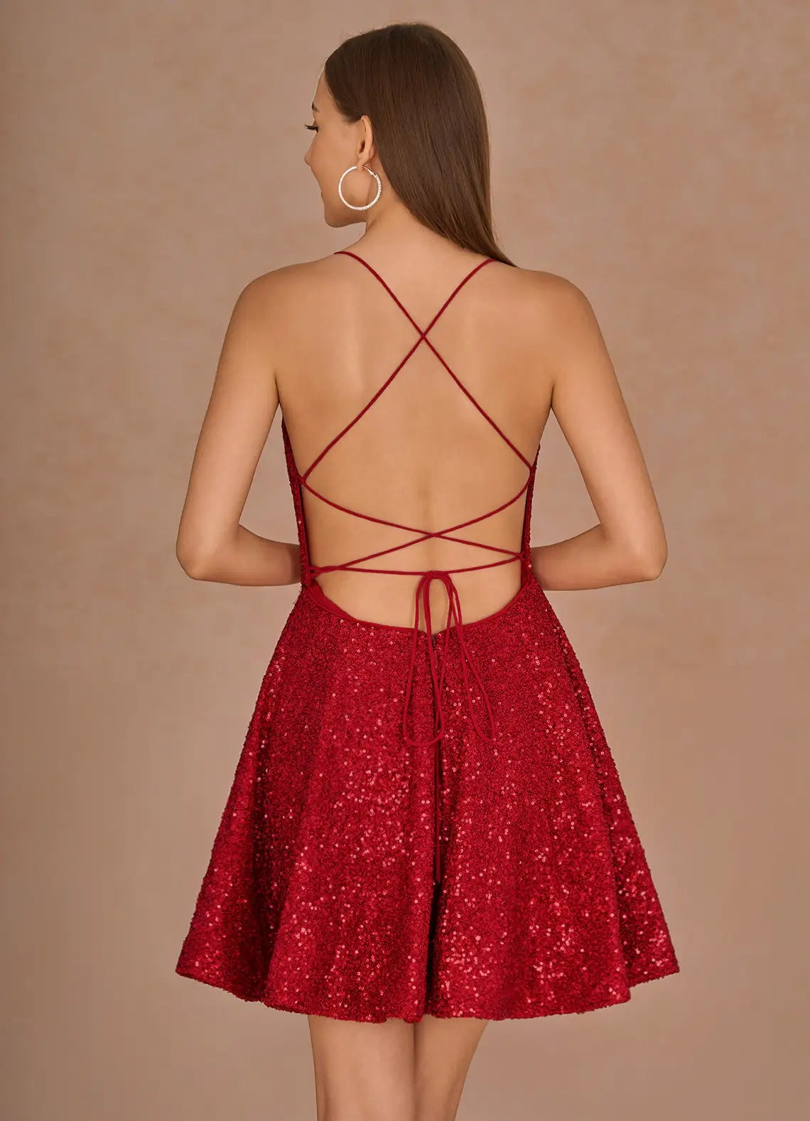 Red Sequin Mini Dress with Criss - Cross Back Sequorae Red Mini Dress Homecoming Dresses