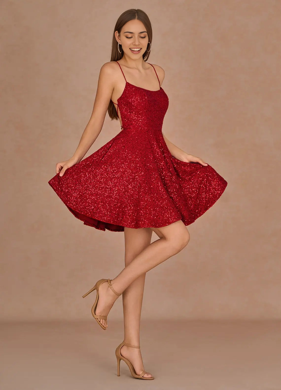 Red Sequin Mini Dress with Criss - Cross Back Sequorae Red Mini Dress Homecoming Dresses