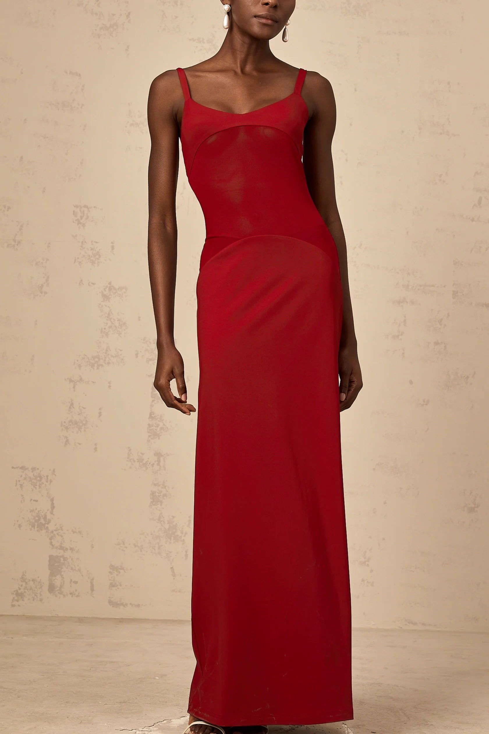 Red Sleeveless Maxi Dress with Sheer Bodice Detail red semi-sheer tulle-panel maxi dress Evening Dress