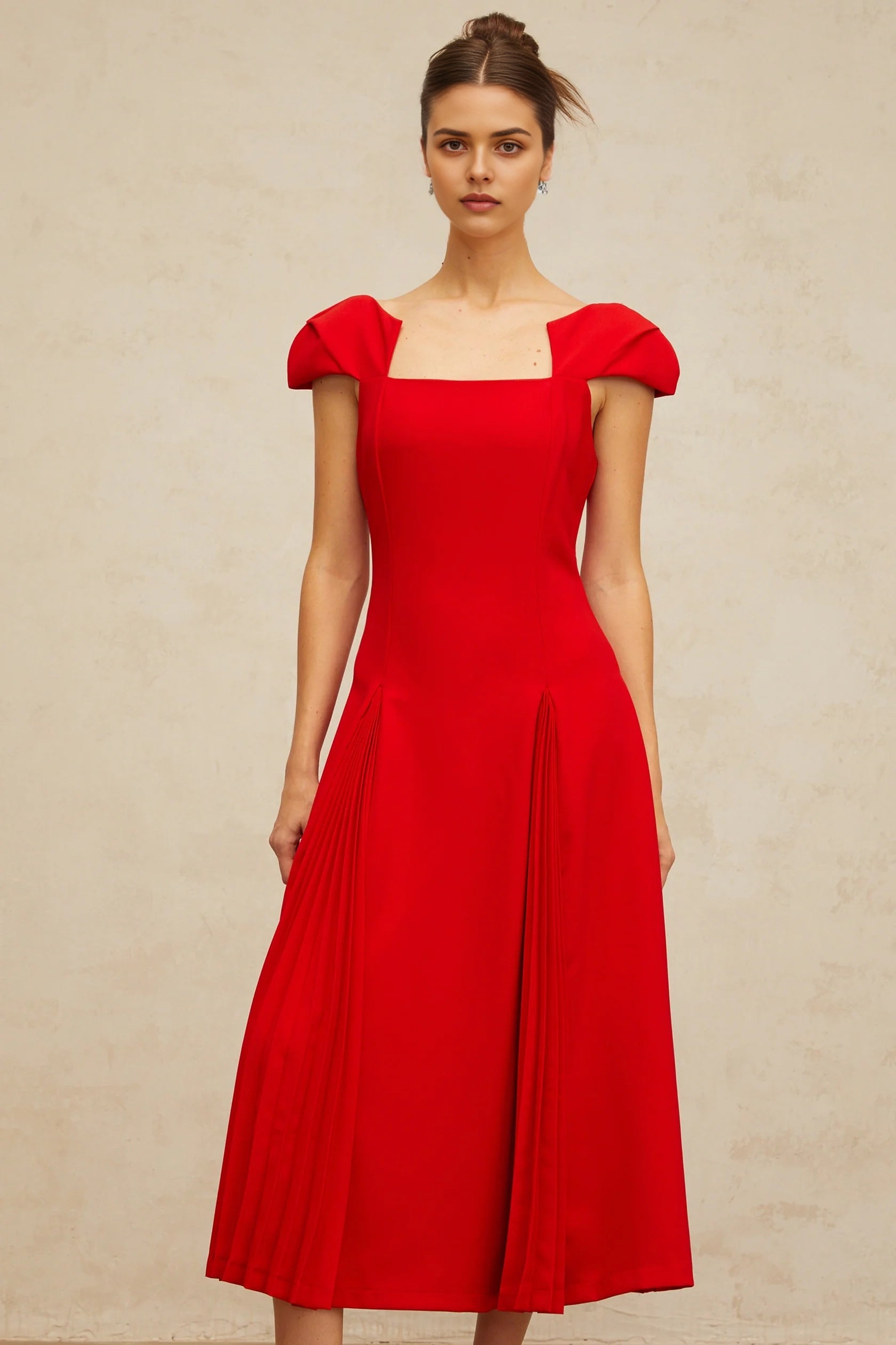 Red Square Neck Puff Sleeve Midi Dress Gervaise red pleated-detail flared midi dress Evening Dress