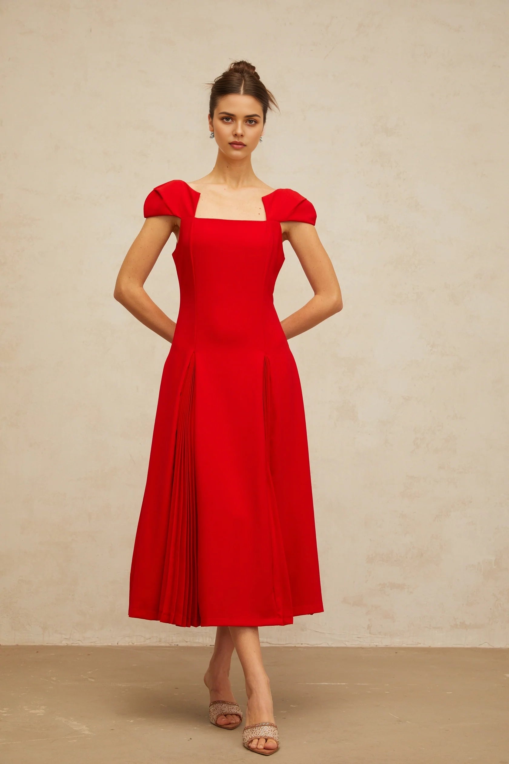 Red Square Neck Puff Sleeve Midi Dress Gervaise red pleated-detail flared midi dress Evening Dress