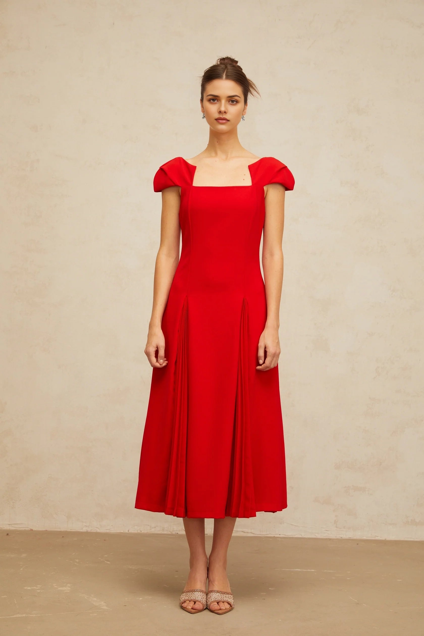 Red Square Neck Puff Sleeve Midi Dress Gervaise red pleated-detail flared midi dress Evening Dress