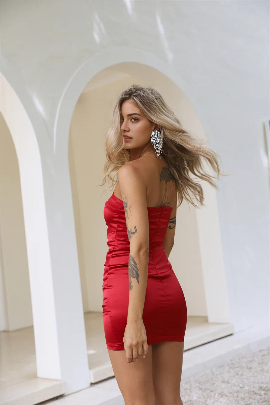 Red Strapless Satin Ruched Mini Dress Lightweight, non-stretchy satin fabric. Short Prom Dress