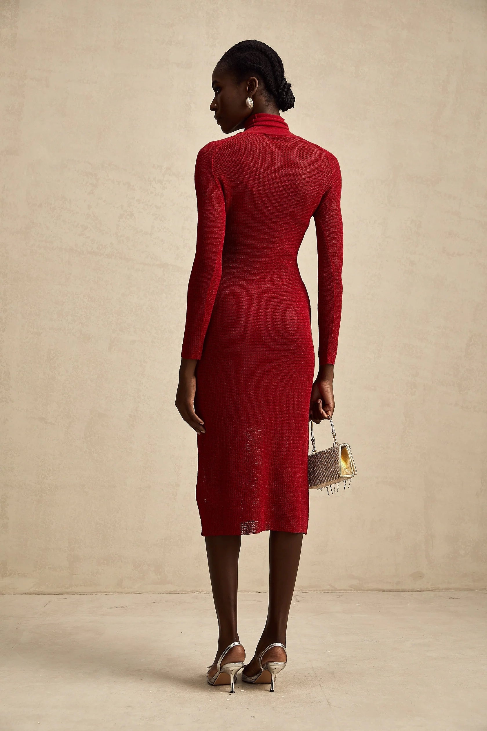 Red Turtleneck Knit Midi Dress Arianee red metallic pointelle midi dress Evening Dress