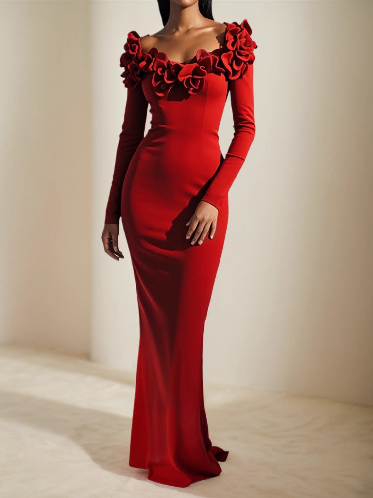 Red 3D Floral Long Sleeve Sheath Maxi Dress simple gentle atmospheric and unique desi Bring summer colors to enhance whiteness ﻿