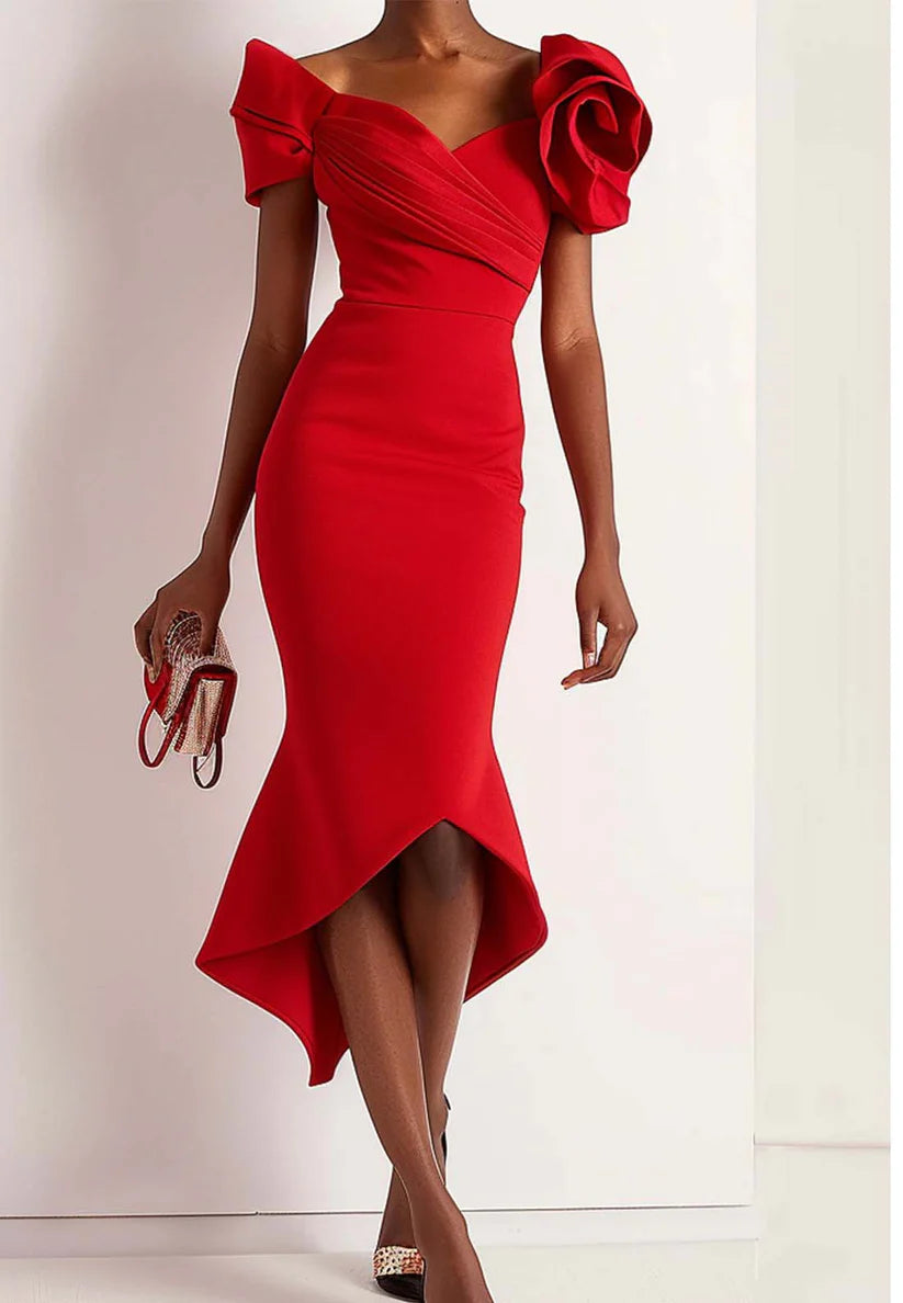 Red 3D Floral Off The Shoulder Mermaid Midi Dress simple gentle atmospheric and unique desi Bring summer colors to enhance whiteness