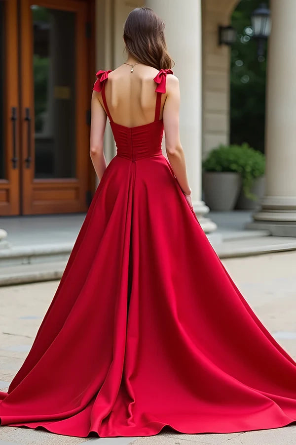 Red A-Line Bow Tie Spaghetti Straps Satin Long Prom Dress simple gentle atmospheric and unique desi Bring summer colors to enhance whiteness