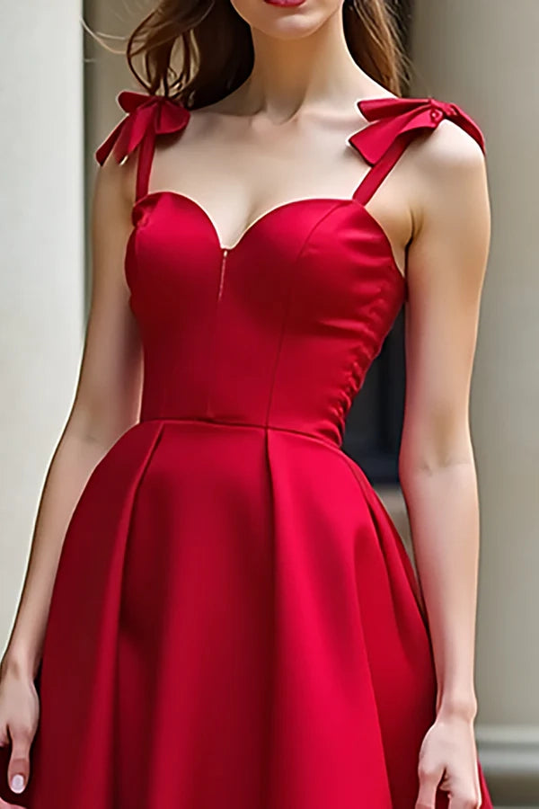 Red A-Line Bow Tie Spaghetti Straps Satin Long Prom Dress simple gentle atmospheric and unique desi Bring summer colors to enhance whiteness